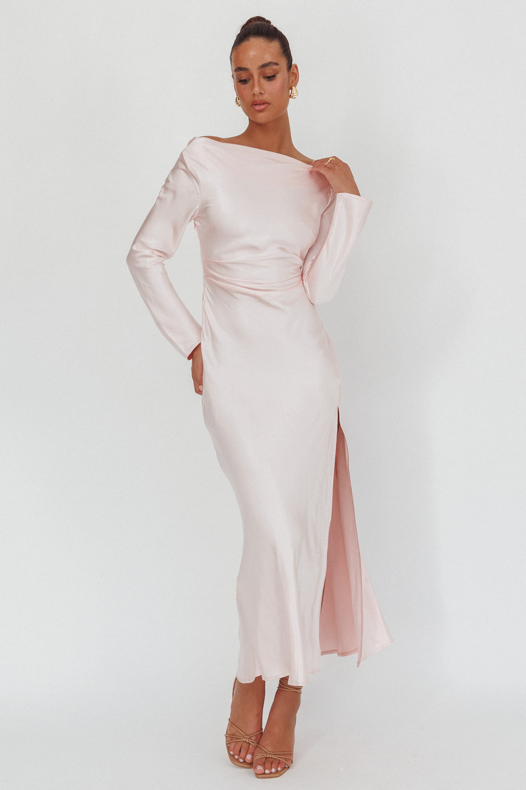 Loveland Long Sleeve Cowl Back Maxi Dress Pink by Selfie Leslie