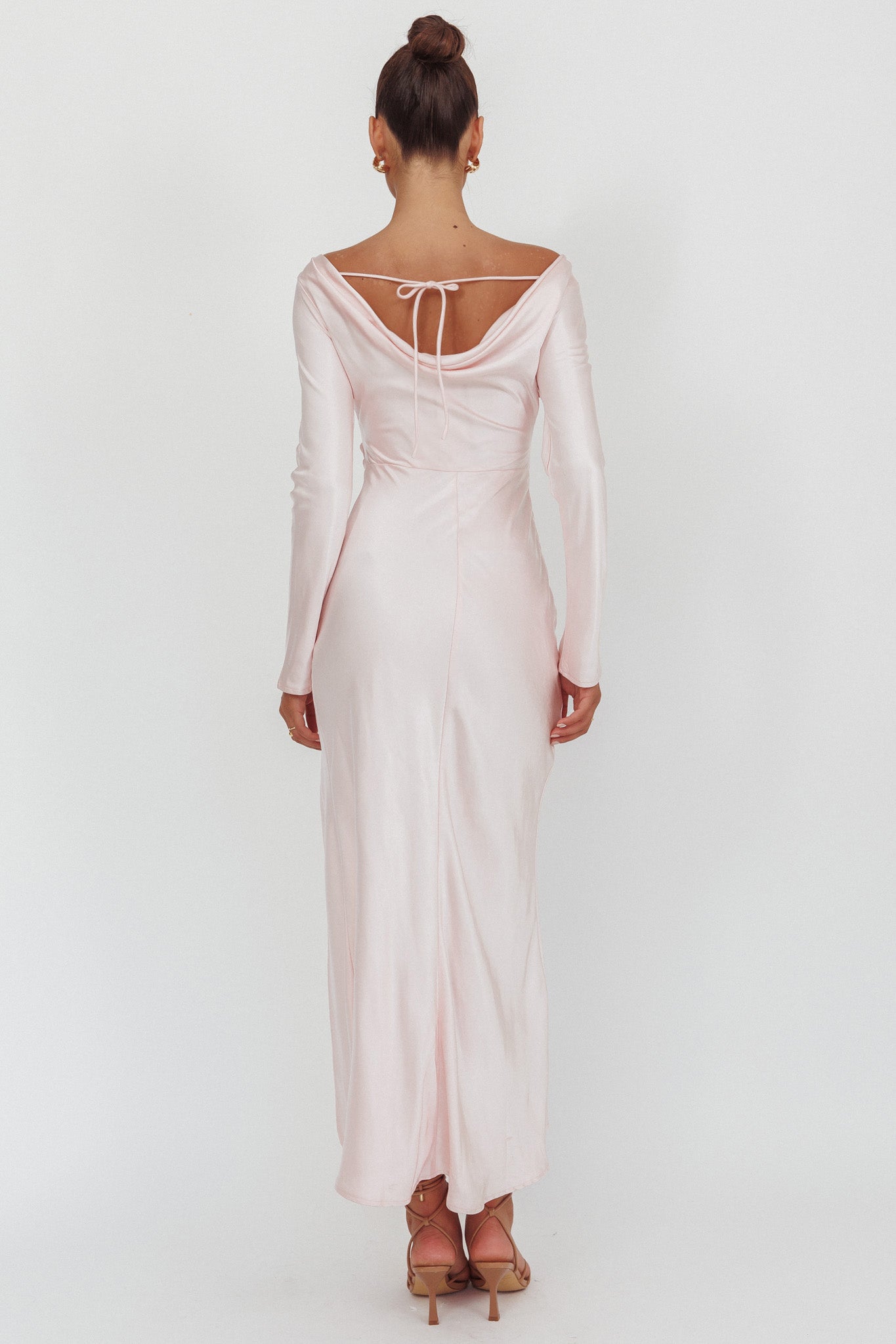 satin long sleeve cowl back maxi dress TFNC Plus long sleeve satin cowl back maxi dress in black