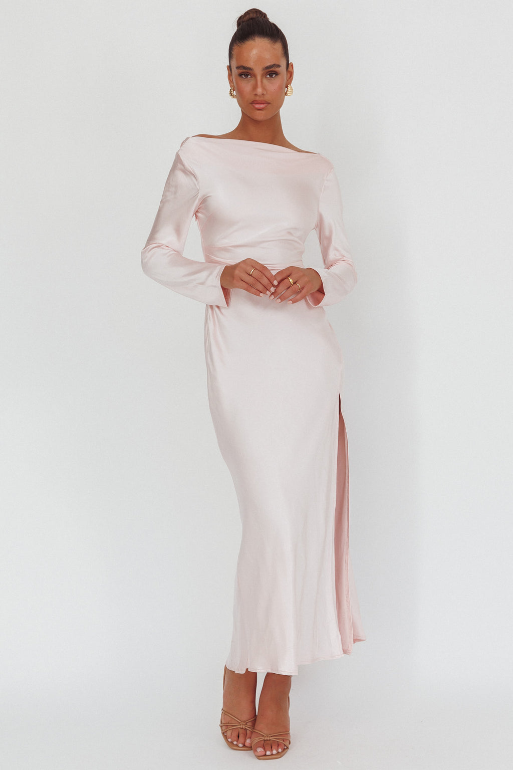 Loveland Long Sleeve Cowl Back Maxi Dress Pink by Selfie Leslie