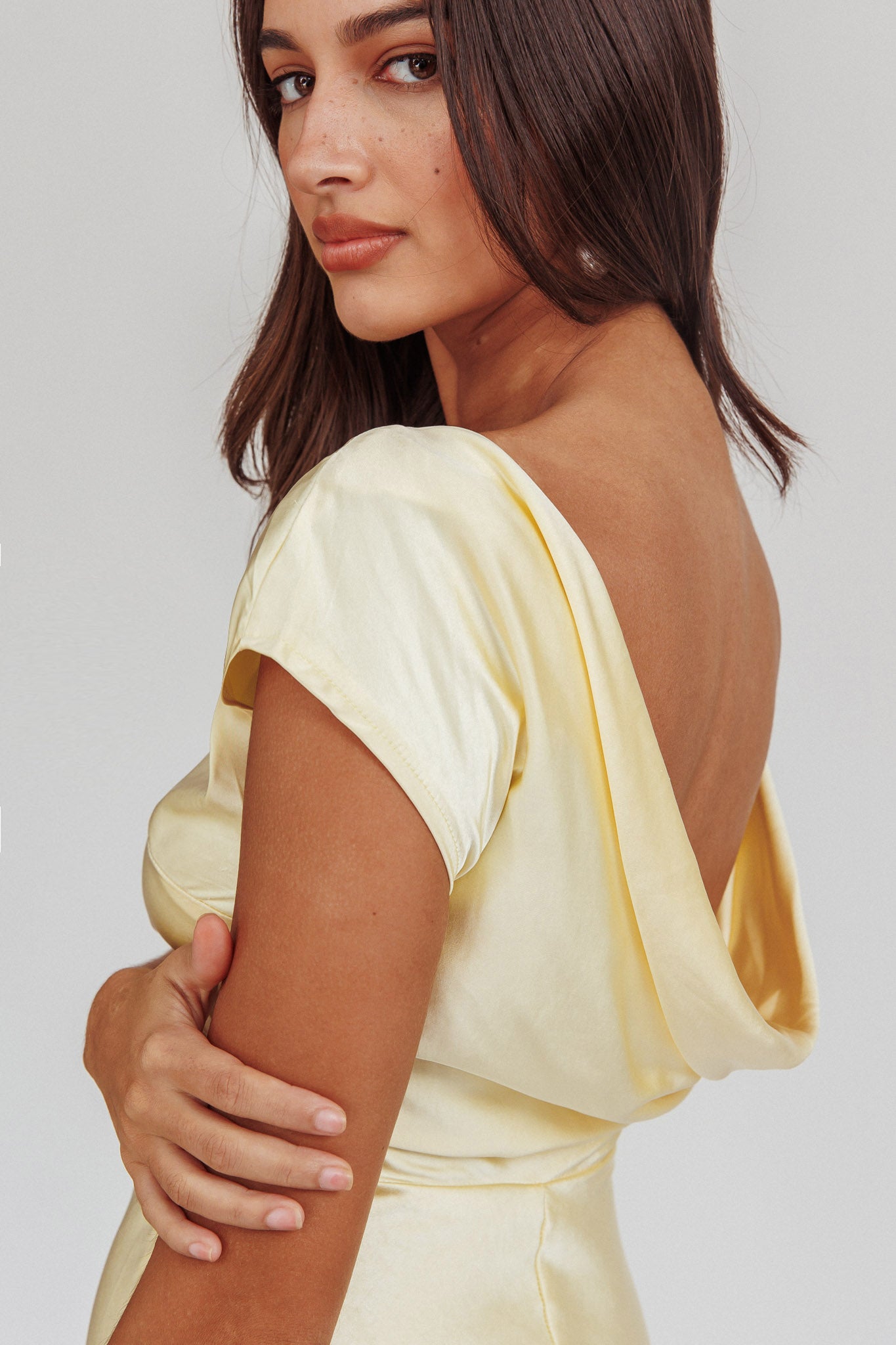 Loveland Cap Sleeve Cowl Back Midi Dress Butter by Selfie Leslie