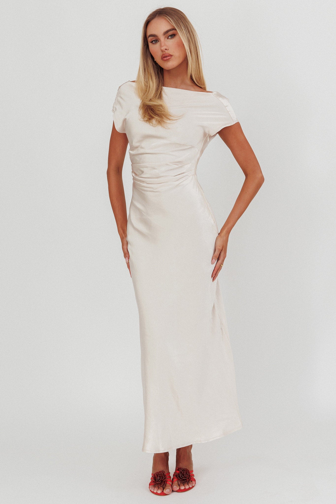 Loveland Cap Sleeve Cowl Back Midi Dress Champagne Loveland Cap Sleeve Cowl Back Midi Dress Champagne