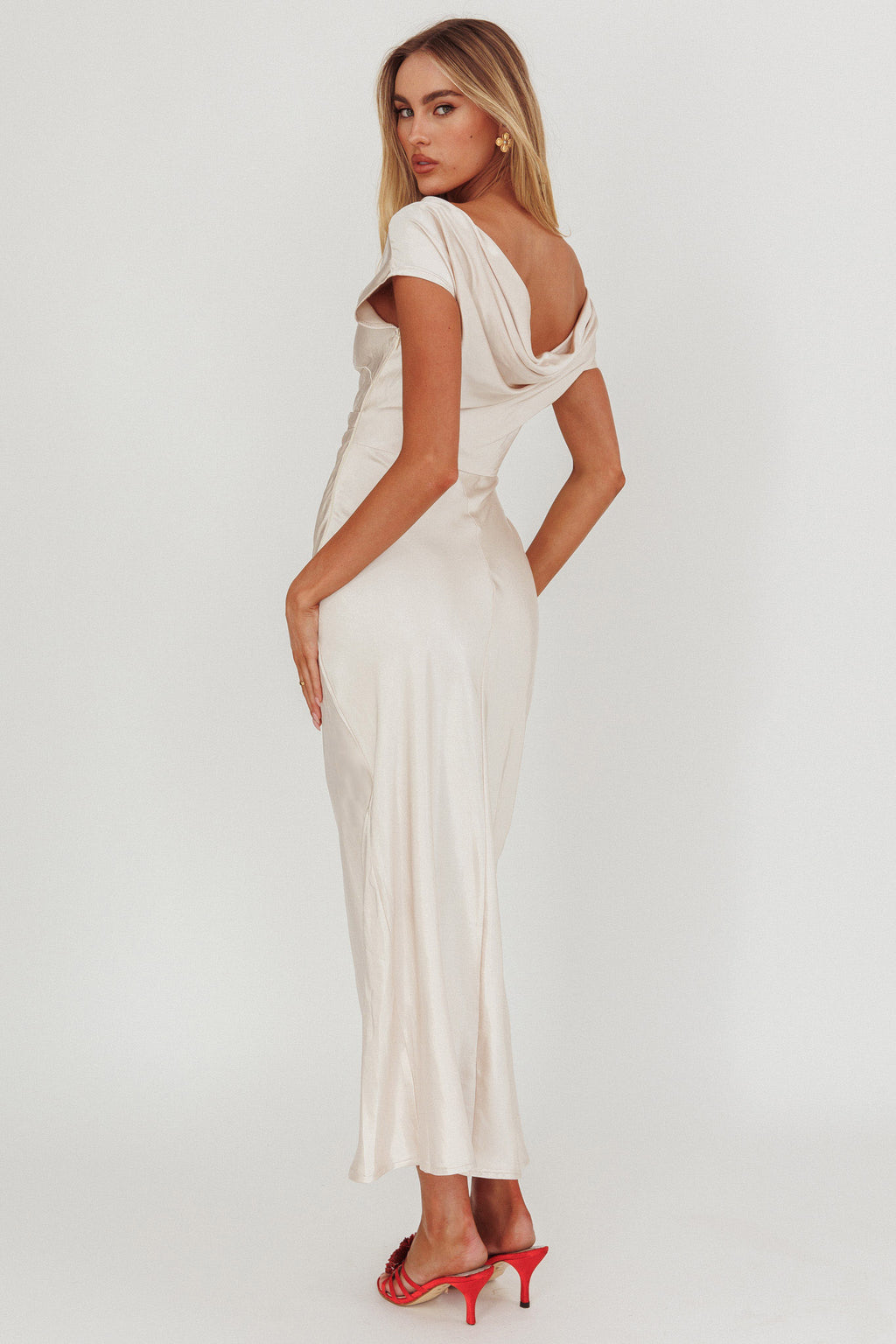 Loveland Cap Sleeve Cowl Back Midi Dress Champagne by Selfie Leslie