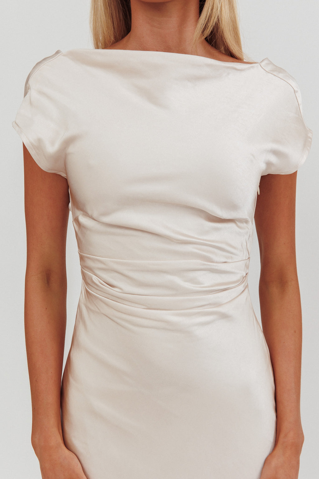 Loveland Cap Sleeve Cowl Back Midi Dress Champagne by Selfie Leslie