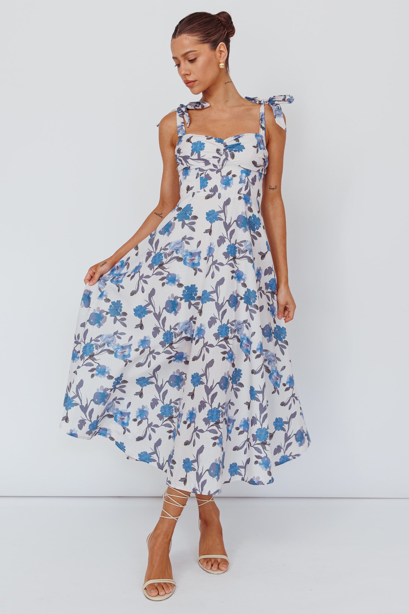 Sweet Pea Tied Bust Midi Dress Flower Blue by Selfie Leslie