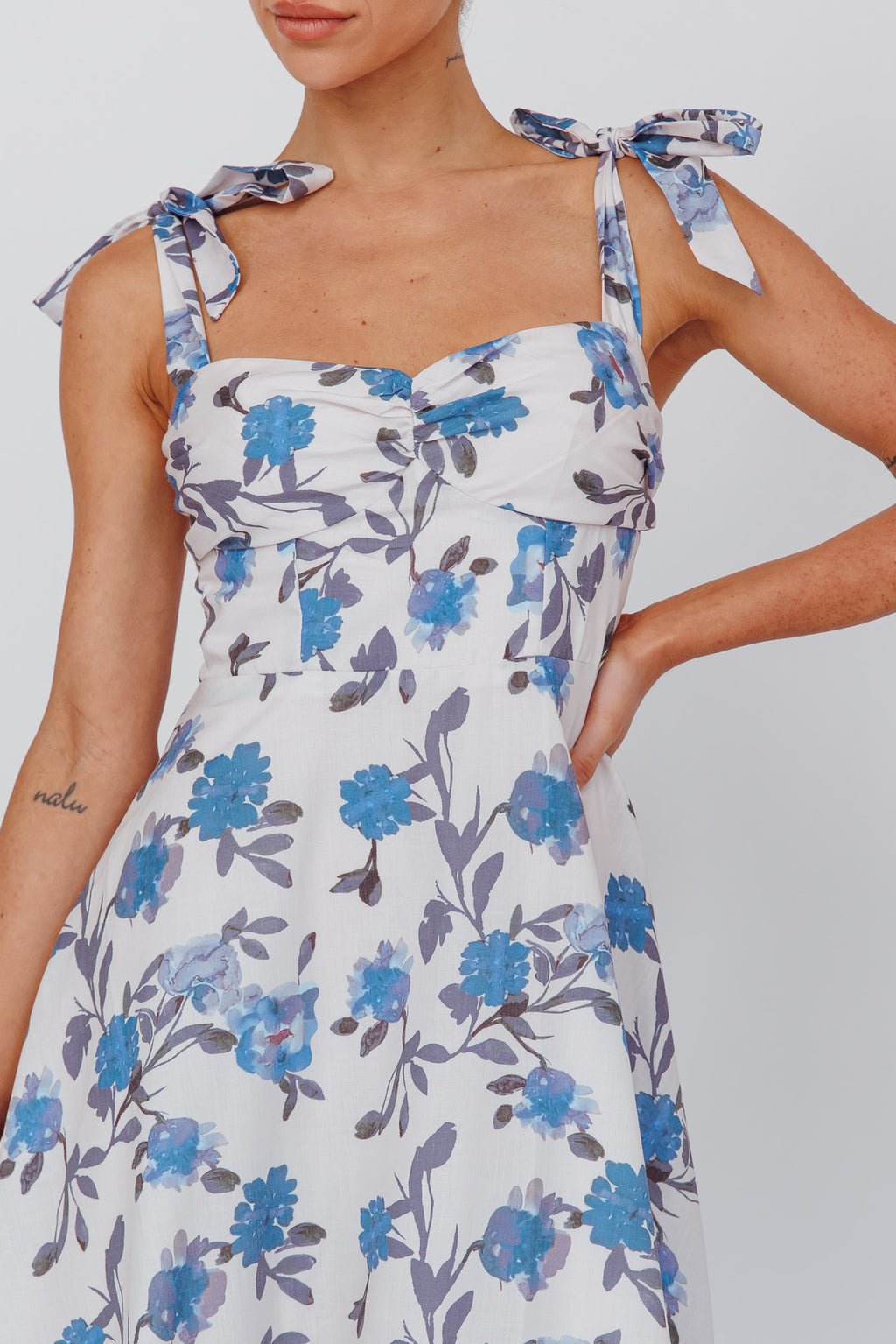Sweet Pea Tied Bust Midi Dress Flower Blue by Selfie Leslie