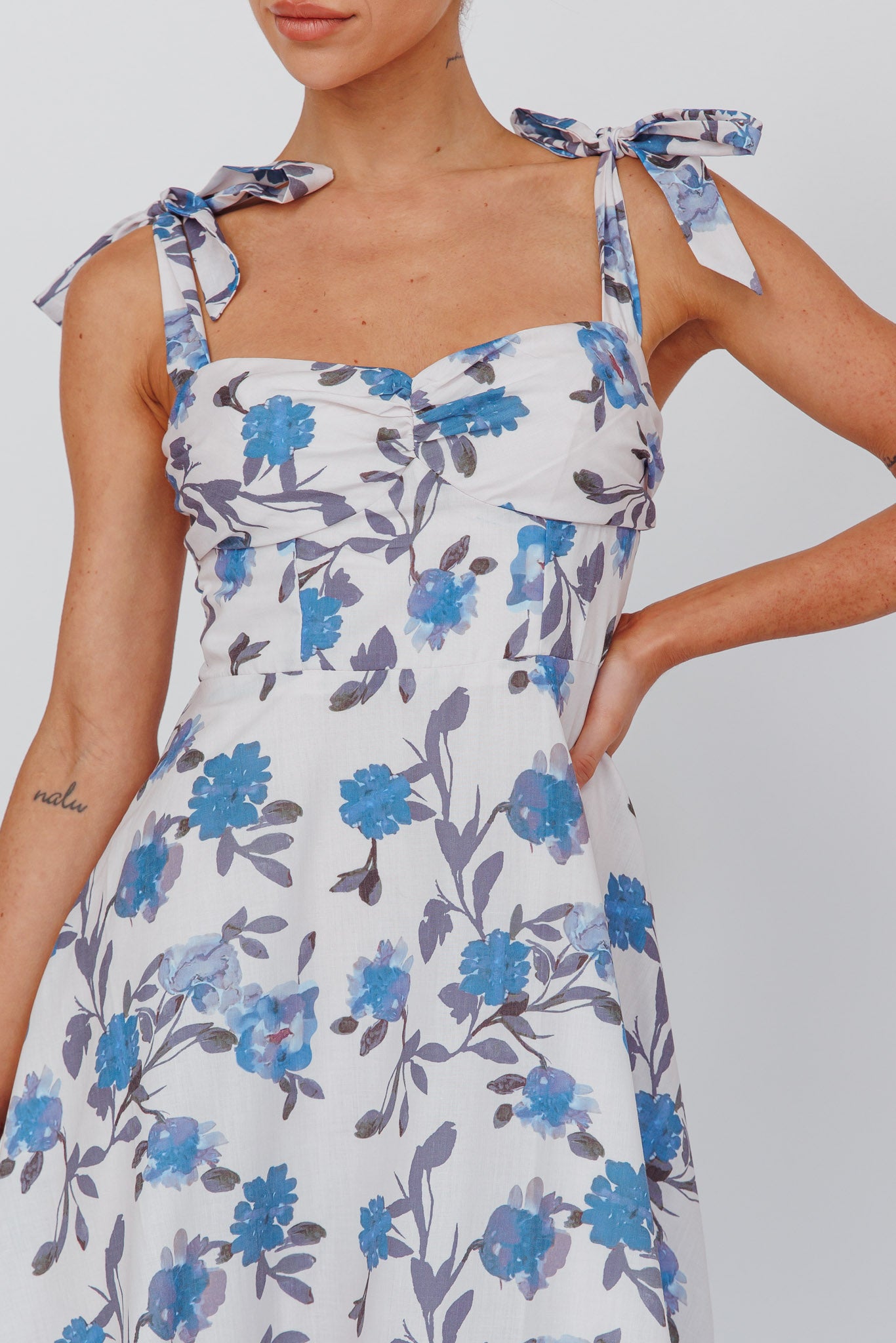 Shop the Sweet Pea Tied Bust Midi Dress Flower Blue