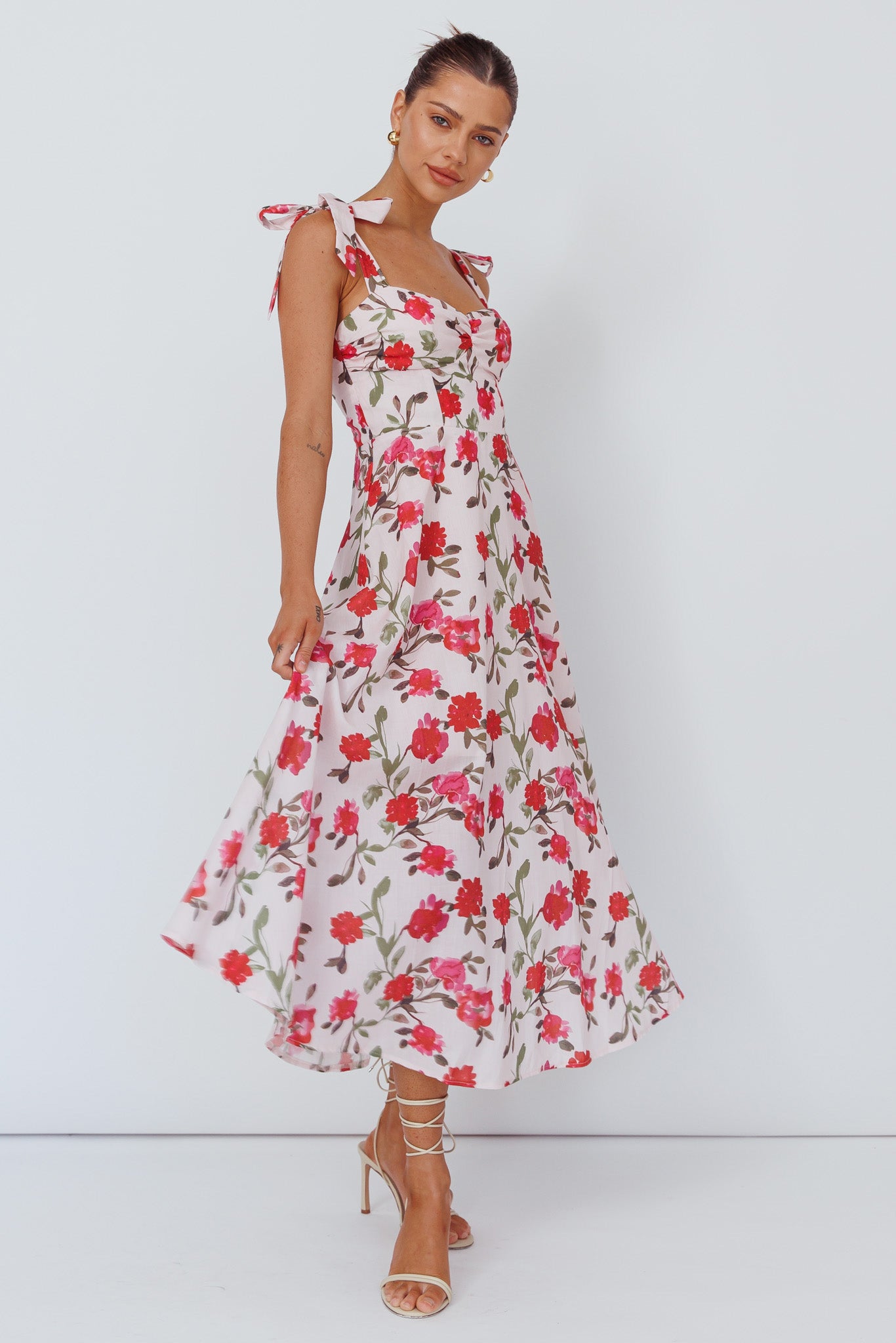 Shop the Sweet Pea Tied Bust Midi Dress Flower Pink