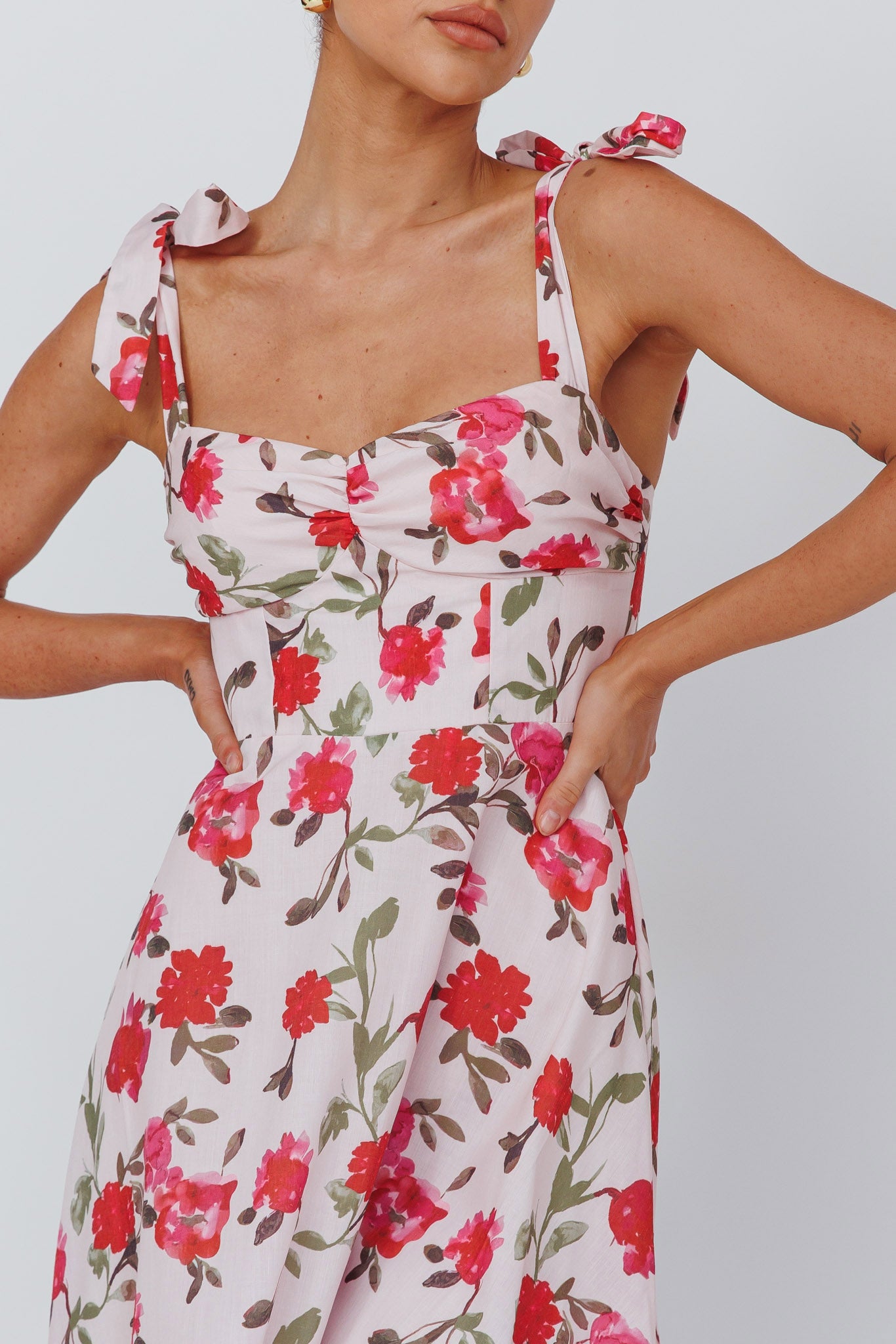 Shop the Sweet Pea Tied Bust Midi Dress Flower Pink