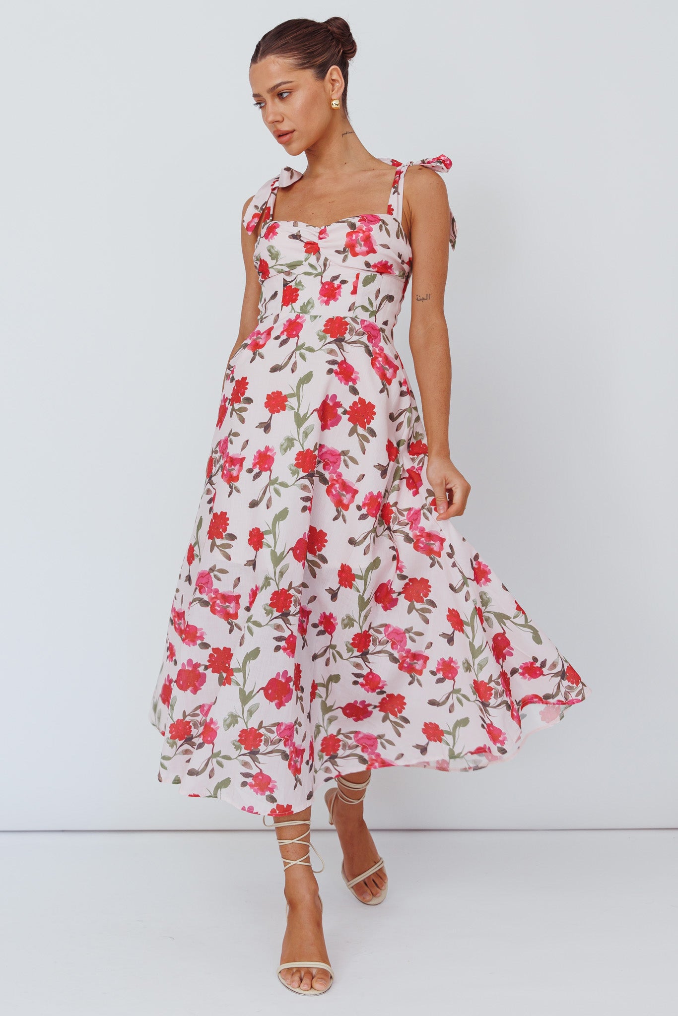Sweet Pea Tied Bust Midi Dress Flower Pink by Selfie Leslie