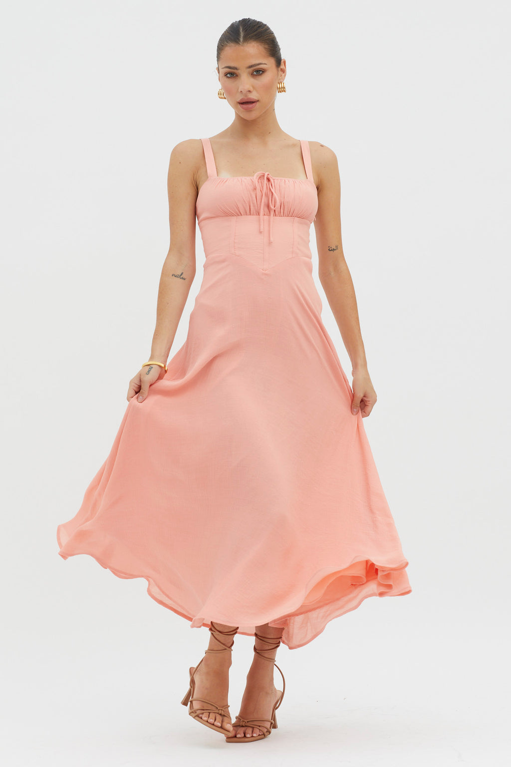 Sweet Pea Tied Bust A-Line Midi Dress Peach by Selfie Leslie