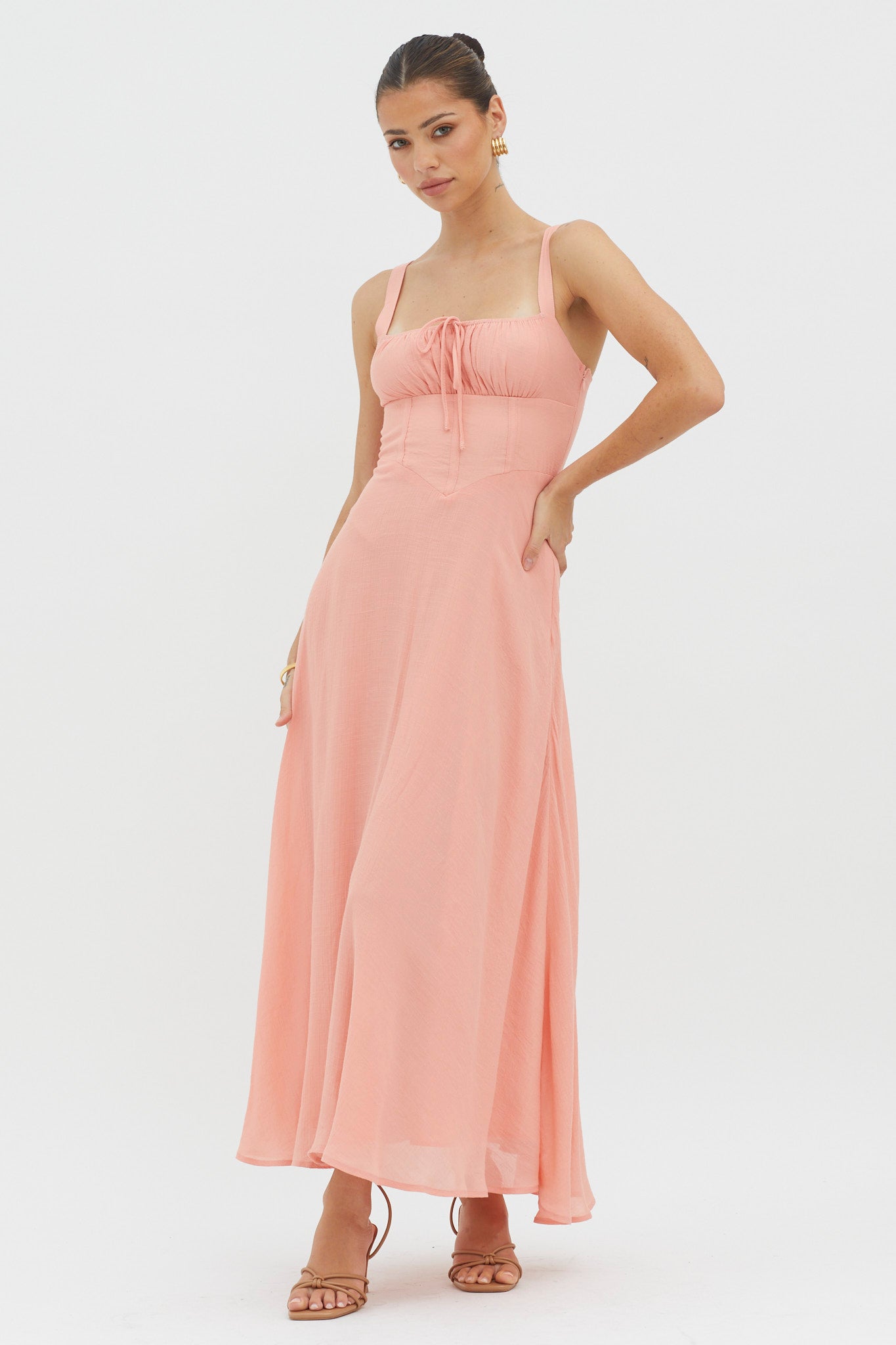 Sweet Pea Tied Bust A-Line Midi Dress Peach by Selfie Leslie