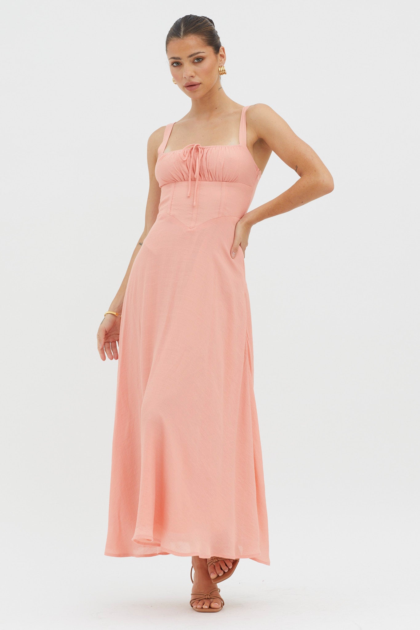 Sweet Pea Tied Bust A-Line Midi Dress Peach by Selfie Leslie
