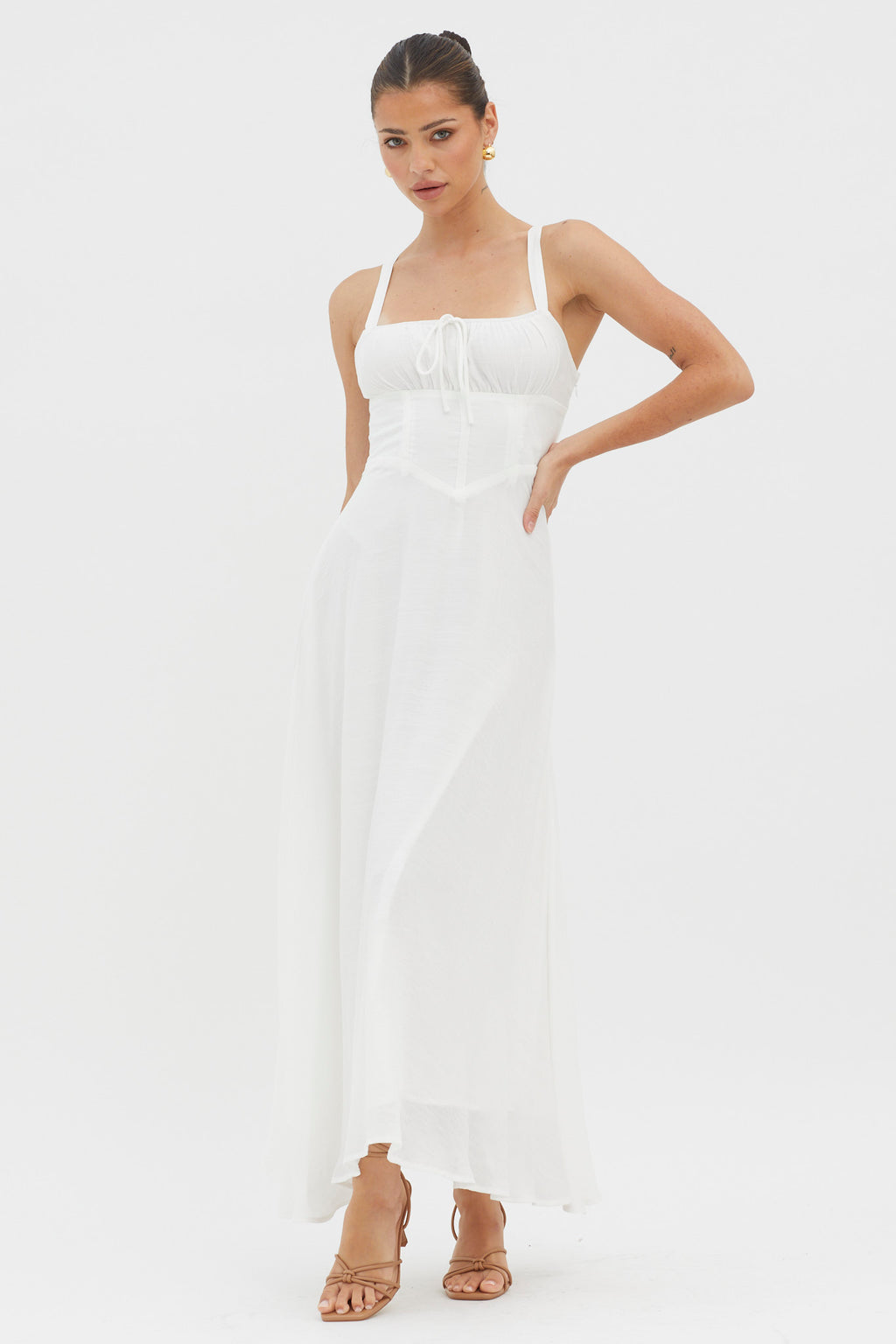 Sweet Pea Tied Bust A-Line Midi Dress White by Selfie Leslie