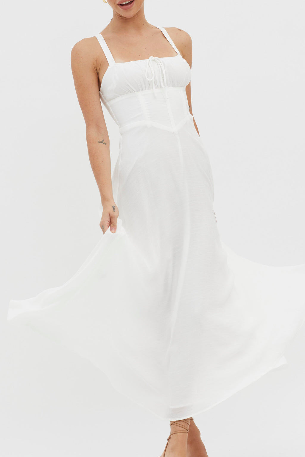 Sweet Pea Tied Bust A-Line Midi Dress White by Selfie Leslie