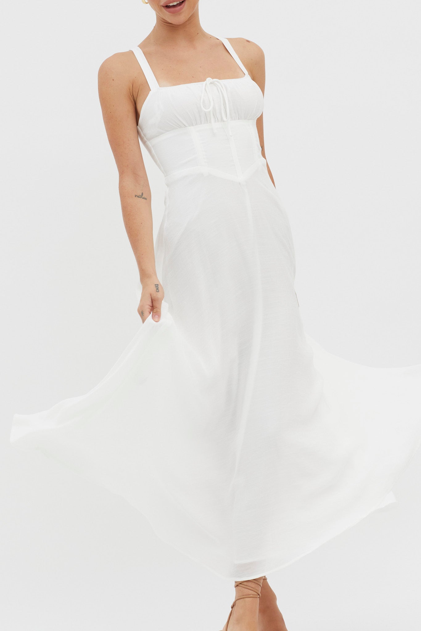 Sweet Pea Tied Bust A-Line Midi Dress White by Selfie Leslie