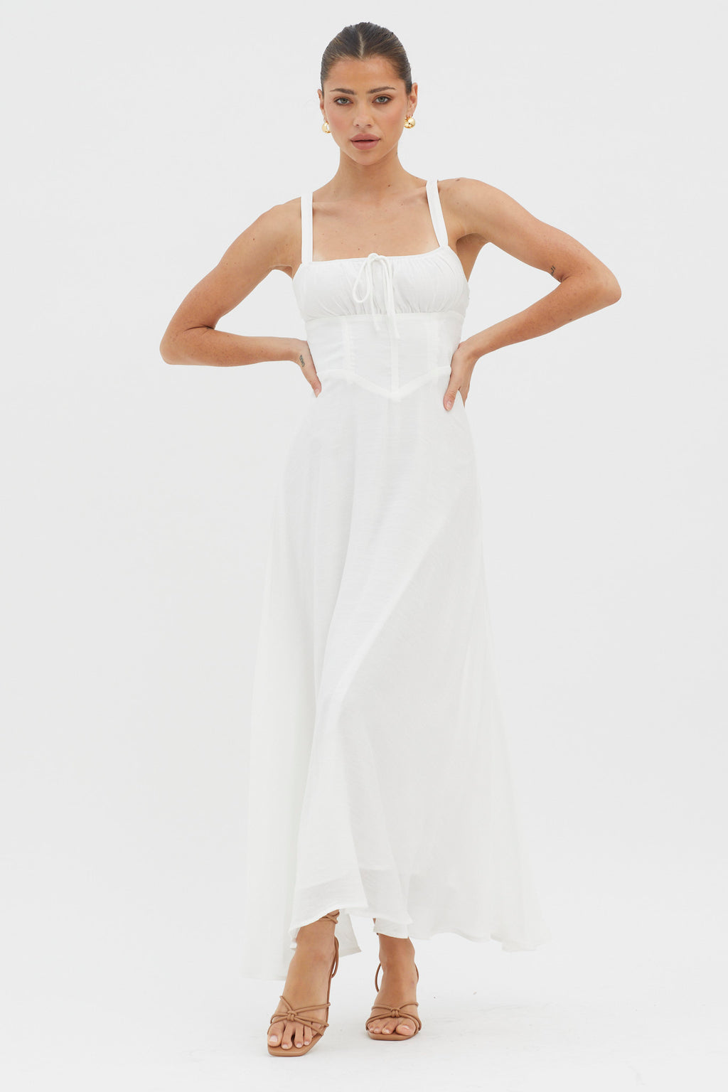 Sweet Pea Tied Bust A-Line Midi Dress White by Selfie Leslie