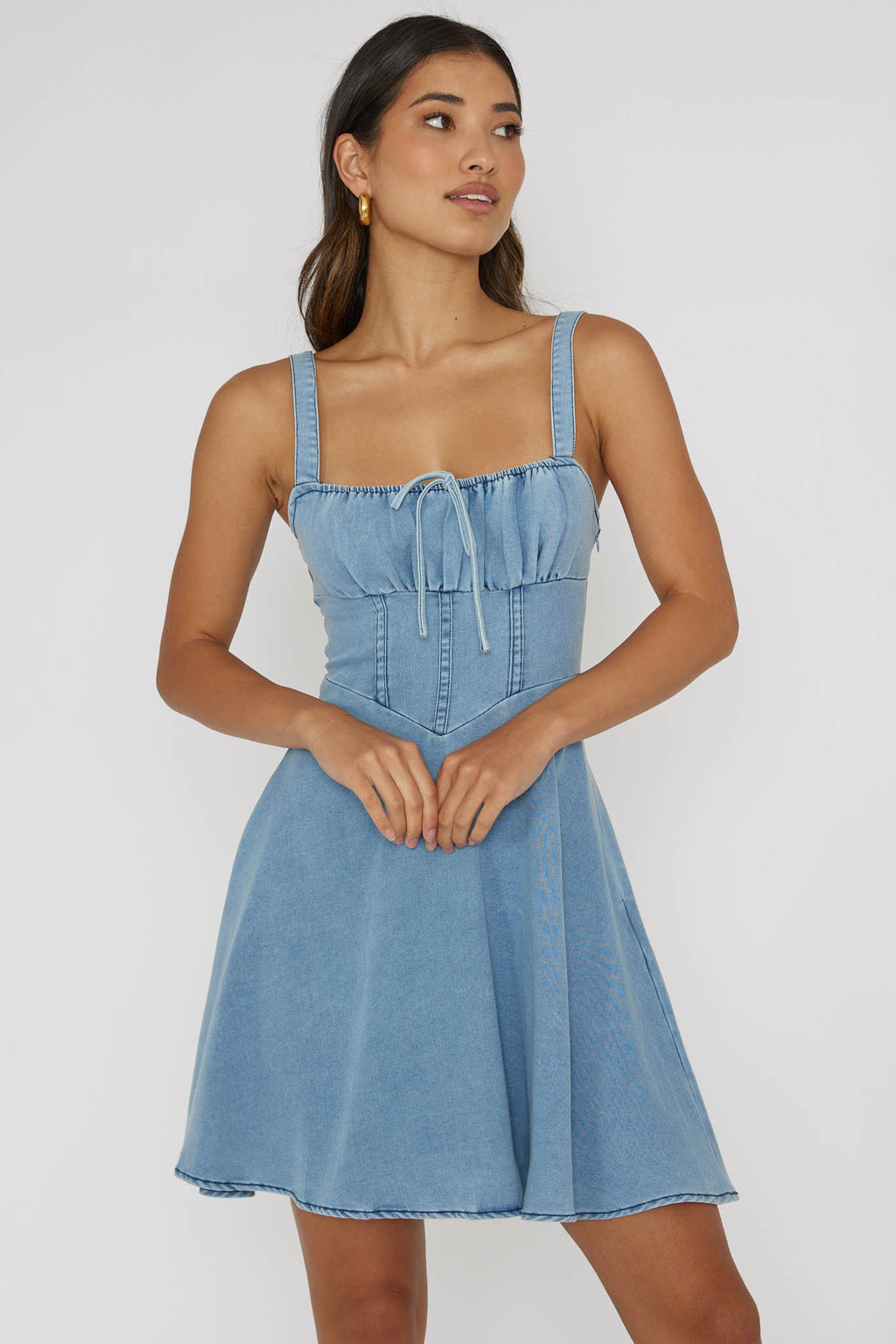 Sweet Pea Tied Bust Mini Dress Denim Blue by Selfie Leslie
