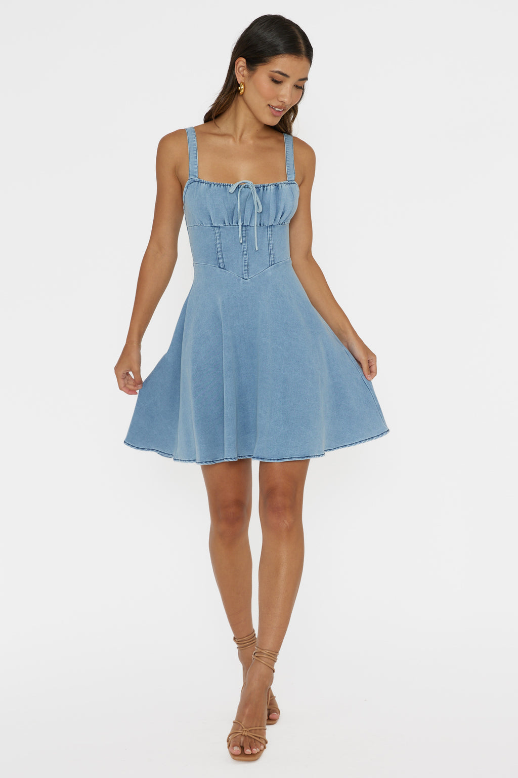 Sweet Pea Tied Bust Mini Dress Denim Blue by Selfie Leslie