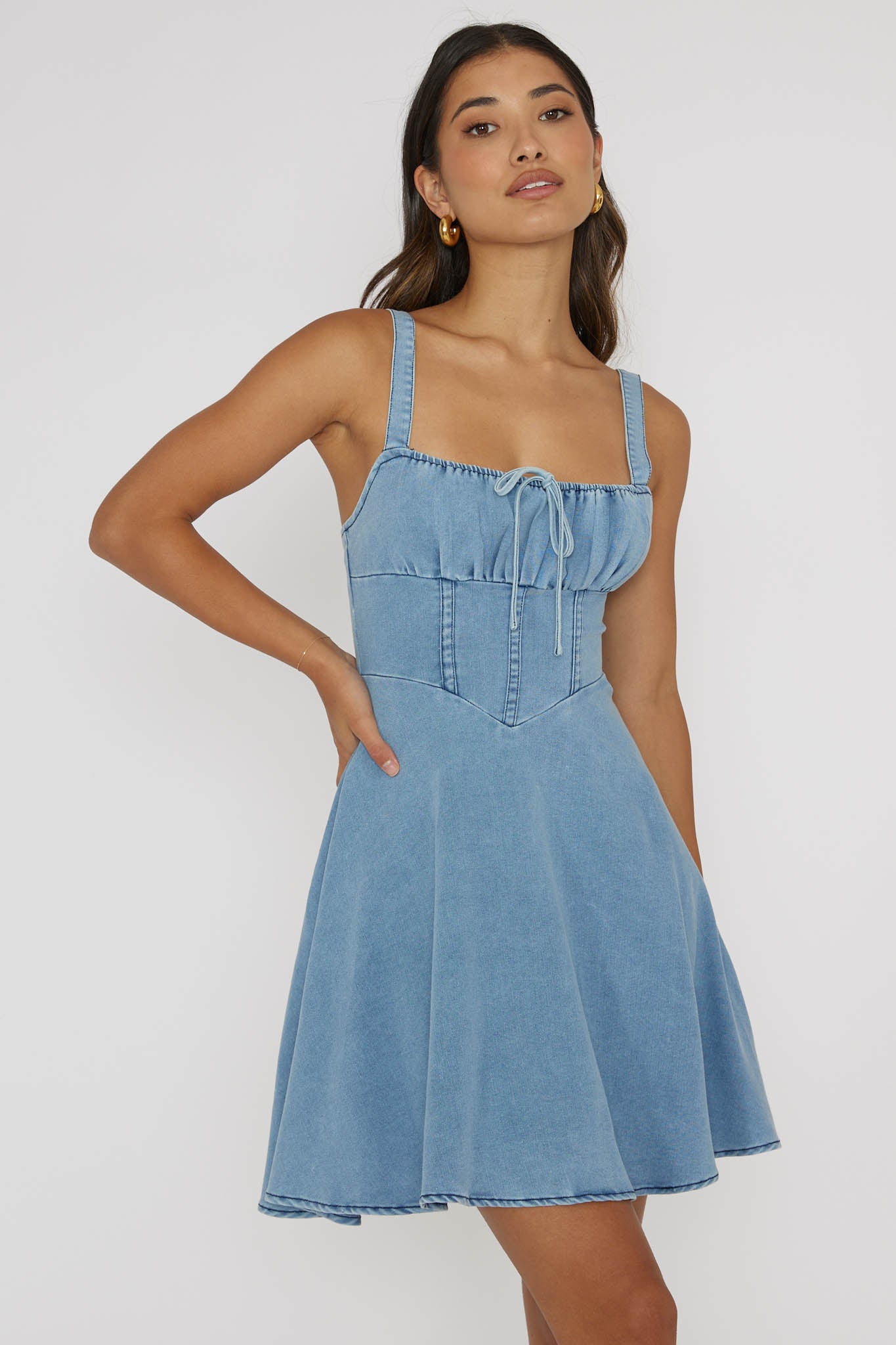 Sweet Pea Tied Bust Mini Dress Denim Blue by Selfie Leslie