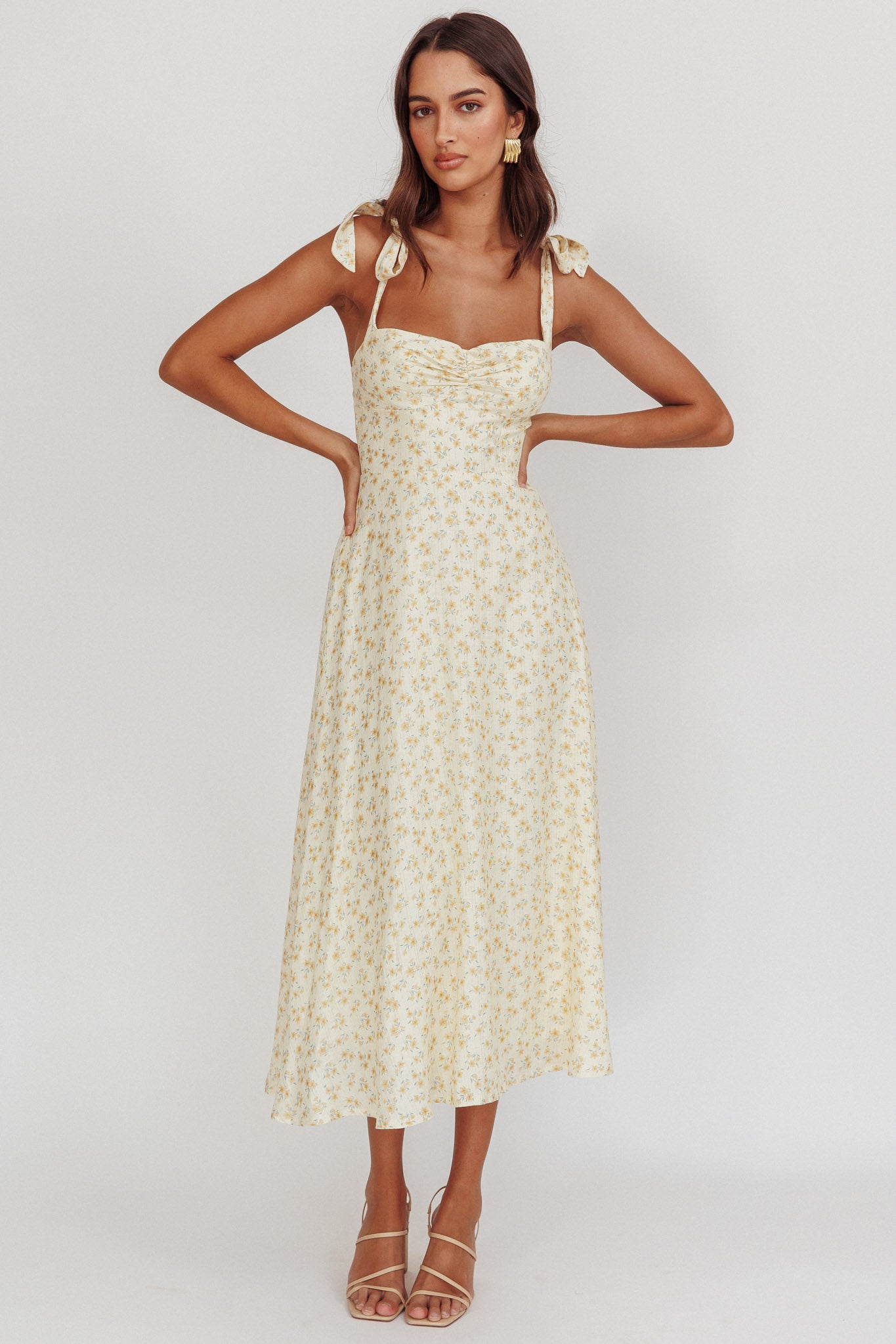 Sweet Pea Floral Tied Straps Midi Dress Yellow by Selfie Leslie