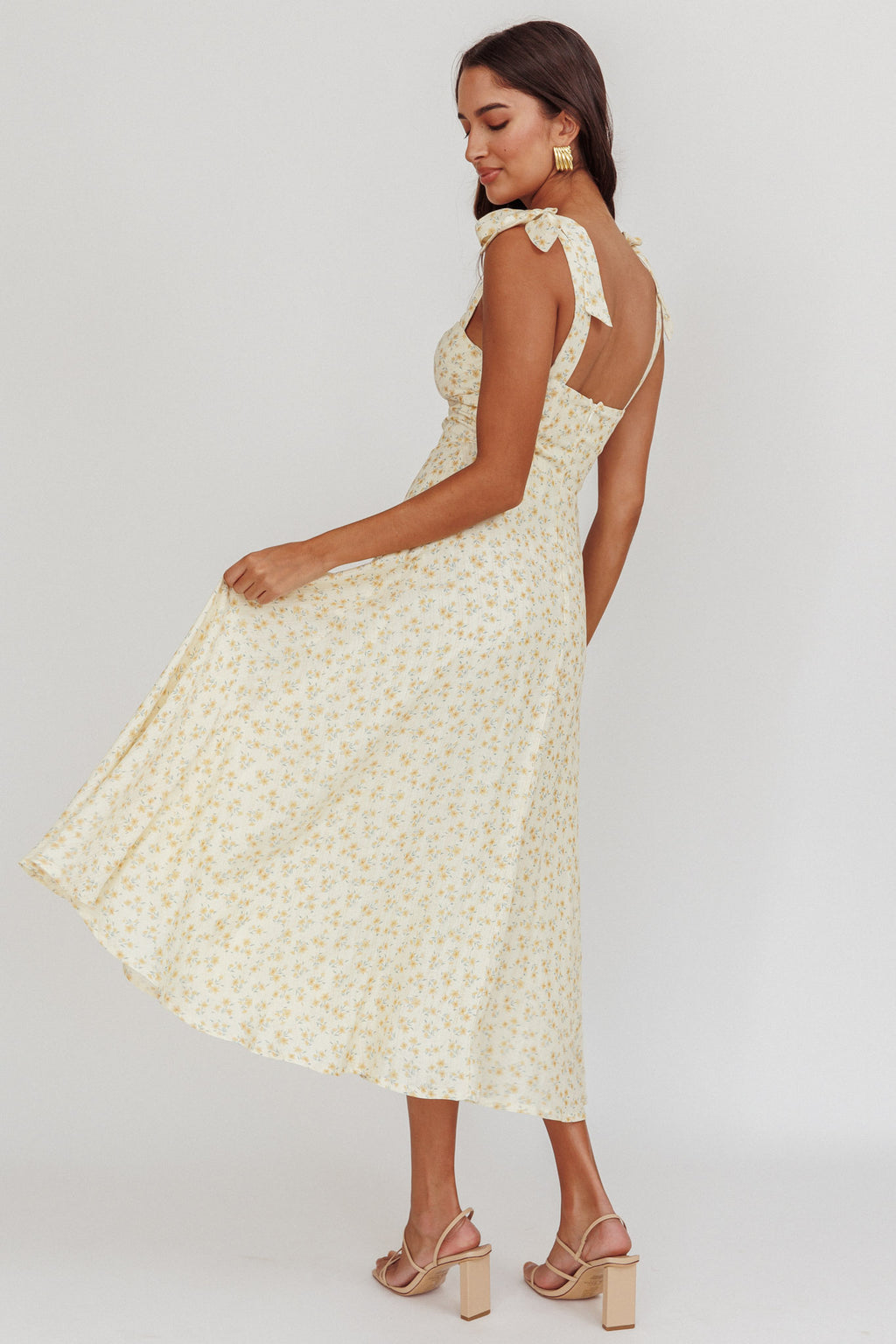 Sweet Pea Floral Tied Straps Midi Dress Yellow by Selfie Leslie