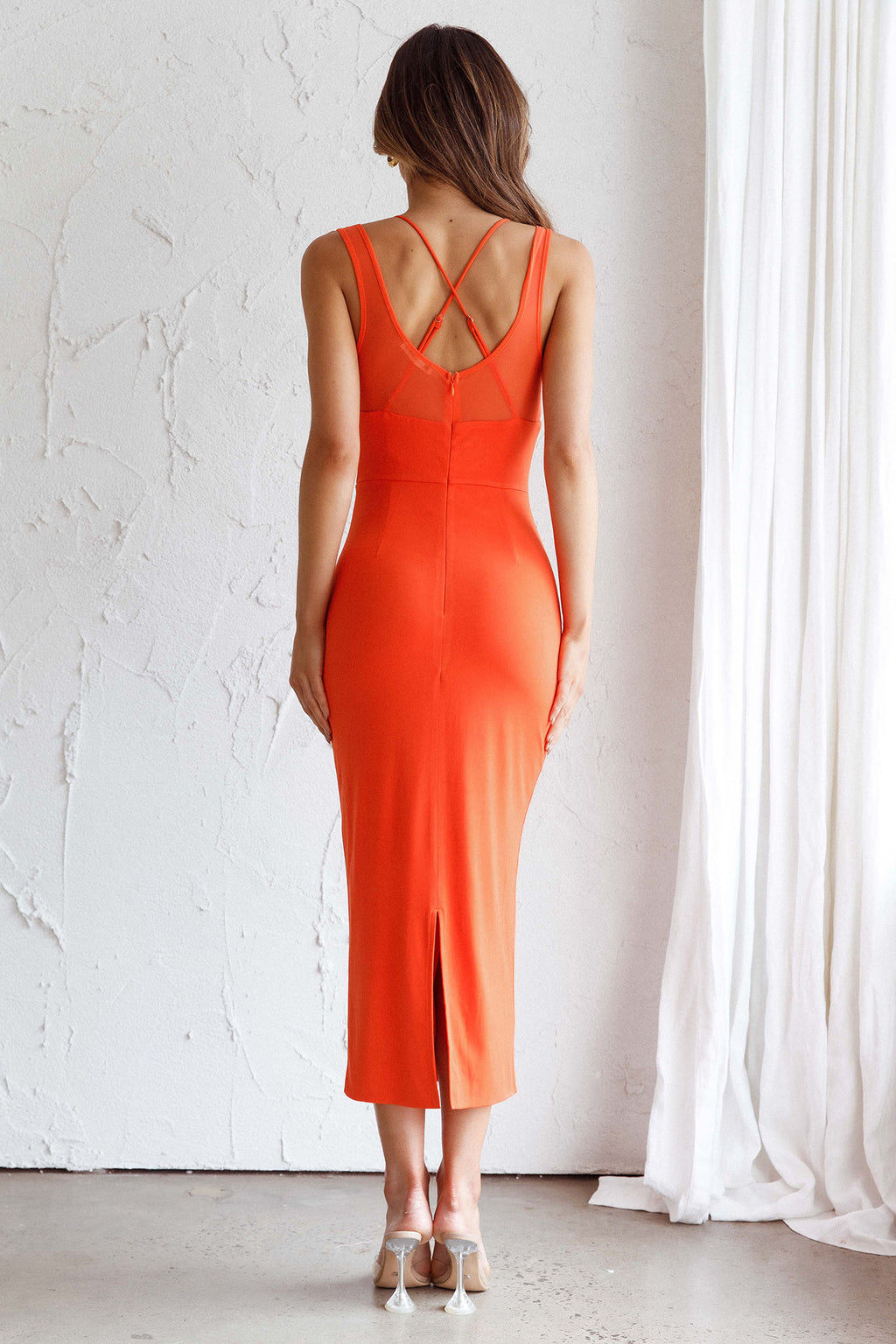 Charice Mesh Bodice Overlay Midi Dress Orange by Selfie Leslie