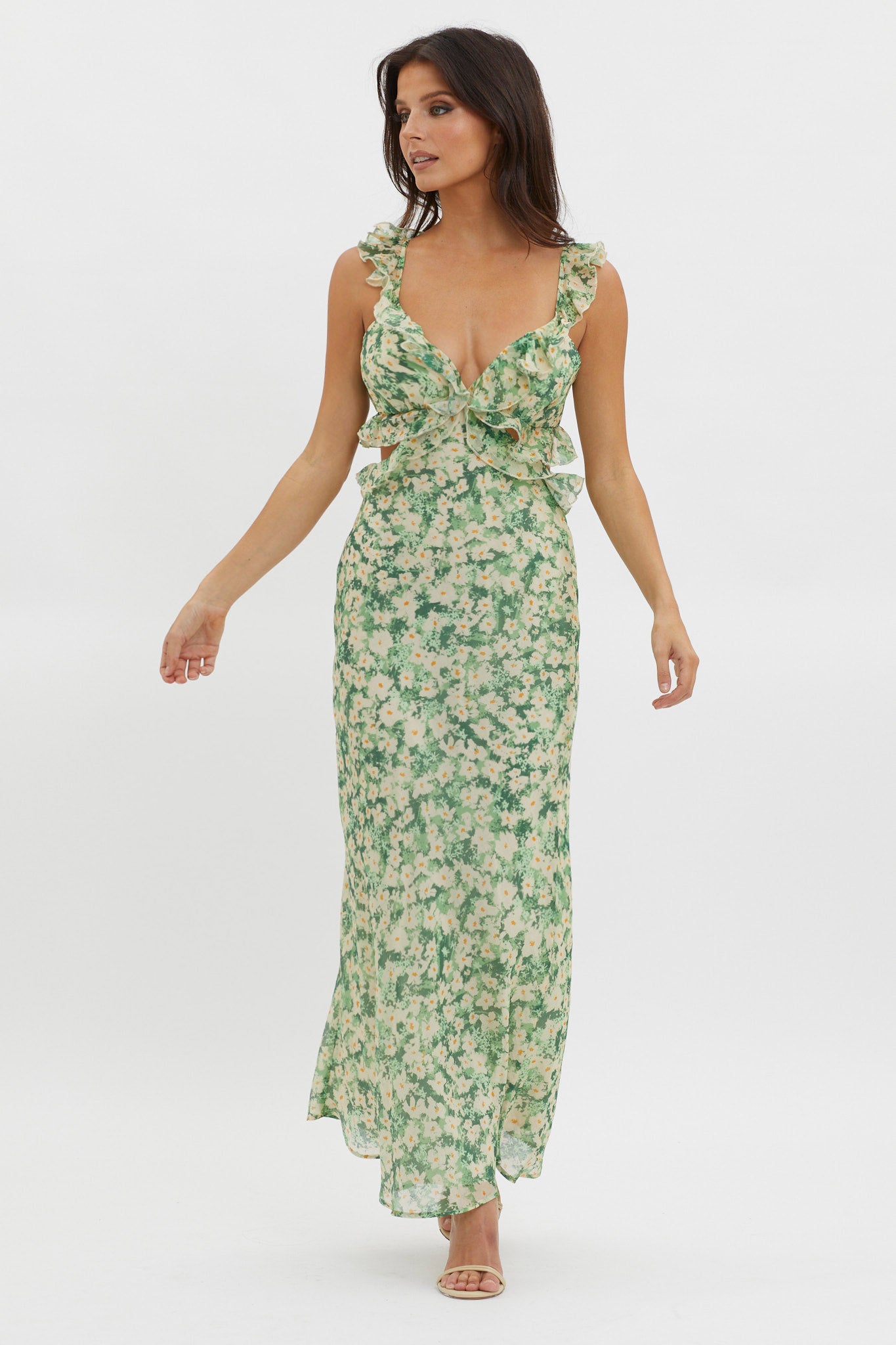 Second Chances Ruffle Trim Maxi Dress Flowers Green by Selfie Leslie