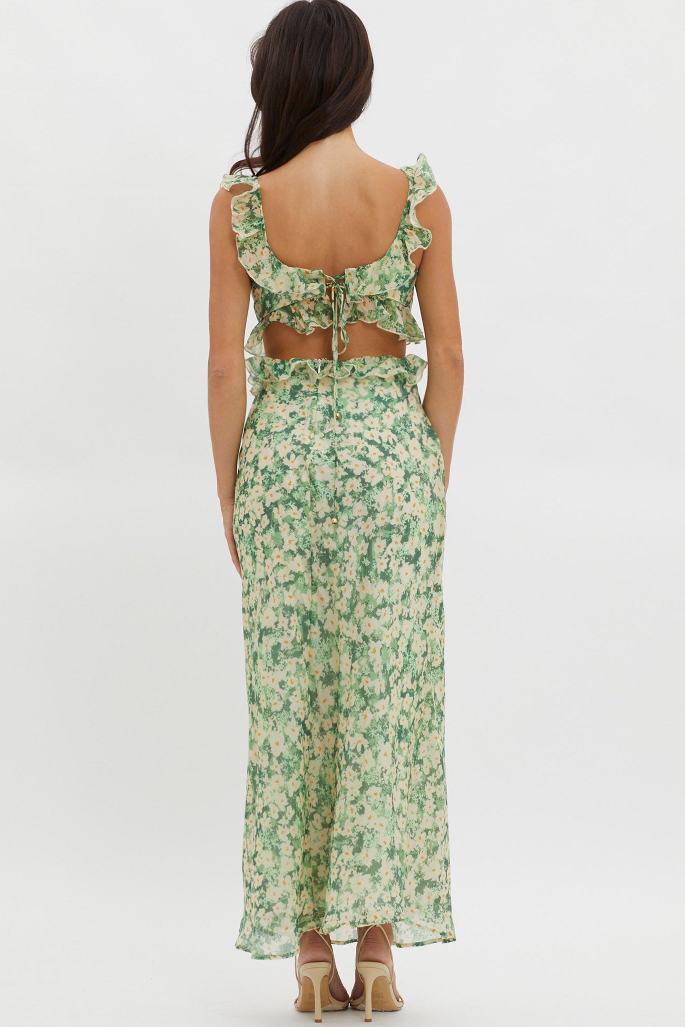 Second Chances Ruffle Trim Maxi Dress Flowers Green - XS Second Chances Ruffle Trim Maxi Dress Flowers Green - XS
