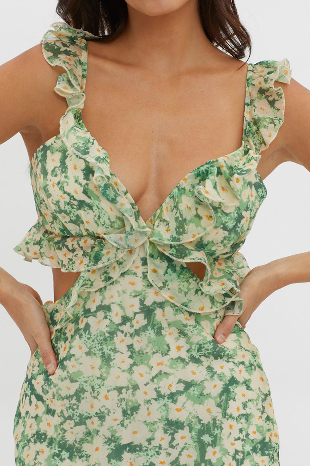 Second Chances Ruffle Trim Maxi Dress Flowers Green by Selfie Leslie