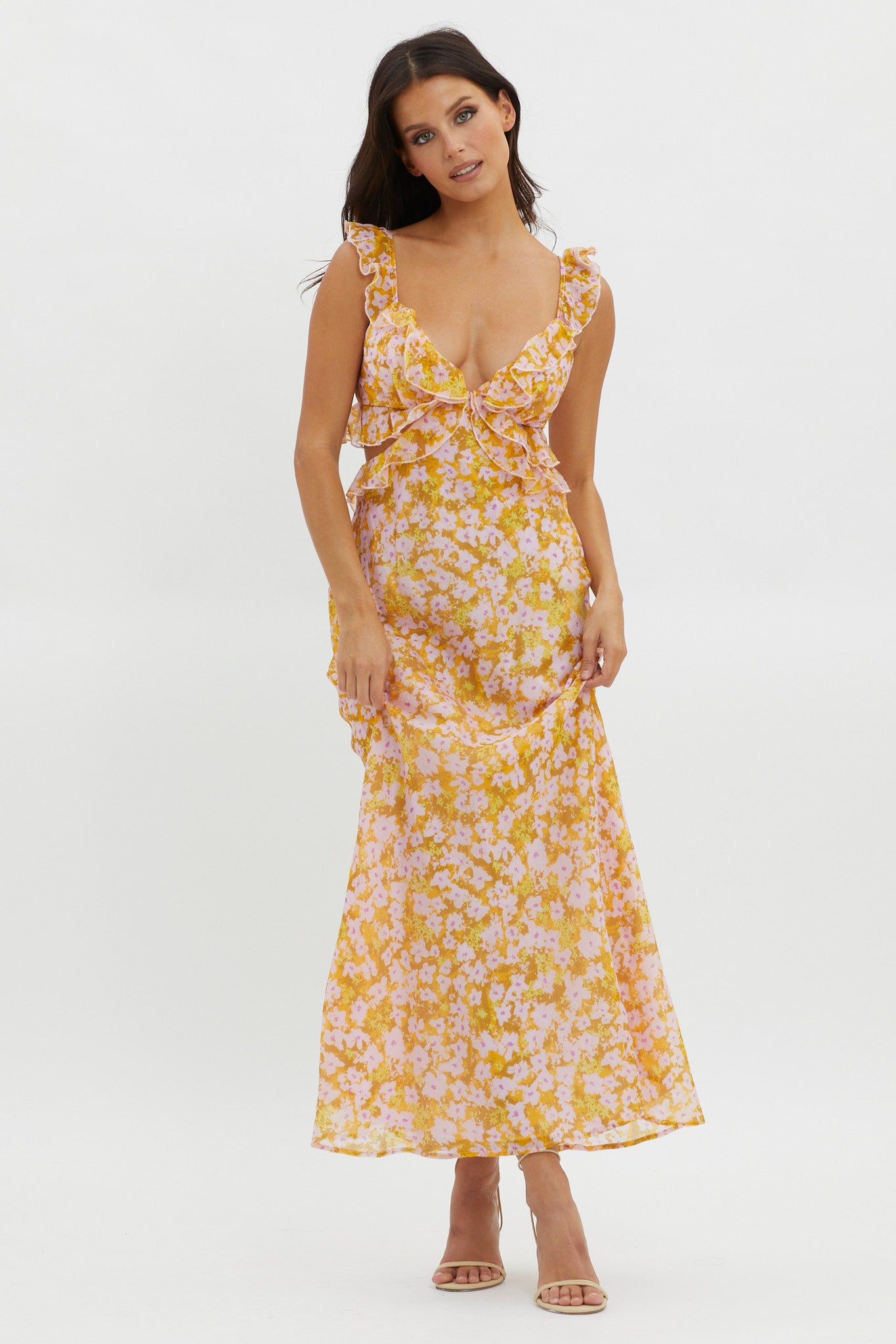 Second Chances Ruffle Trim Maxi Dress Flowers Yellow by Selfie Leslie