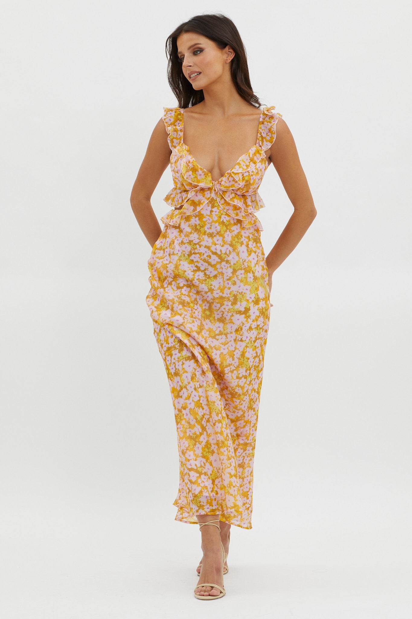 Second Chances Ruffle Trim Maxi Dress Flowers Yellow by Selfie Leslie