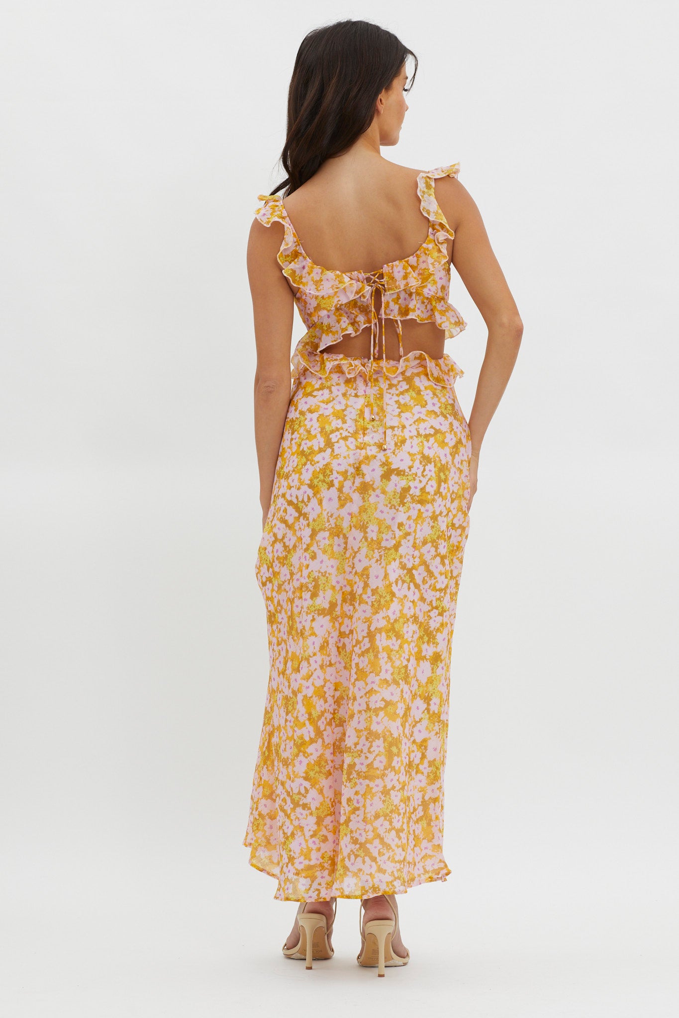 Second Chances Ruffle Trim Maxi Dress Flowers Yellow by Selfie Leslie