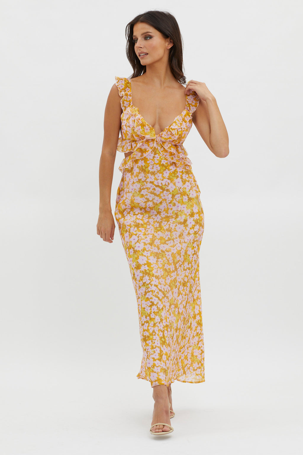 Second Chances Ruffle Trim Maxi Dress Flowers Yellow by Selfie Leslie