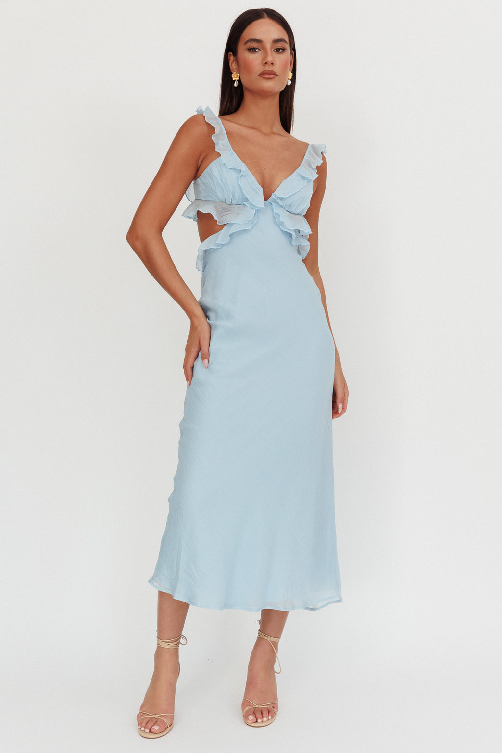 Second Chances Ruffle Trim Maxi Dress Blue by Selfie Leslie