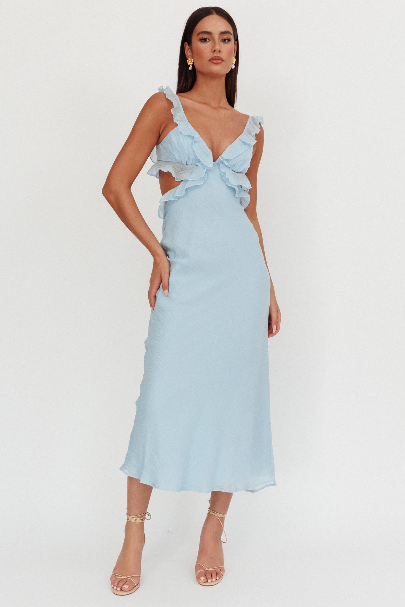 Second Chances Ruffle Trim Maxi Dress Blue by Selfie Leslie