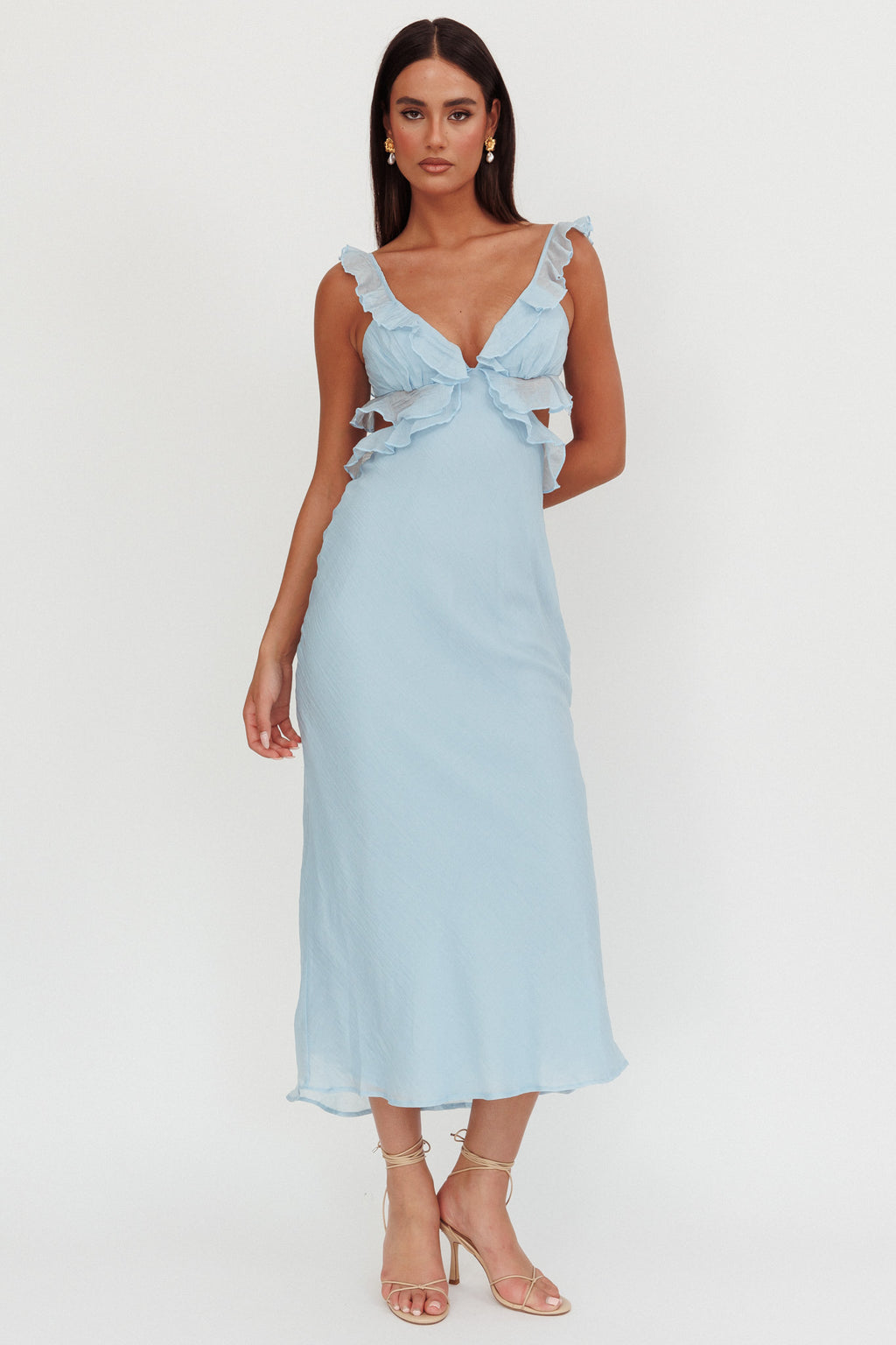 Second Chances Ruffle Trim Maxi Dress Blue by Selfie Leslie