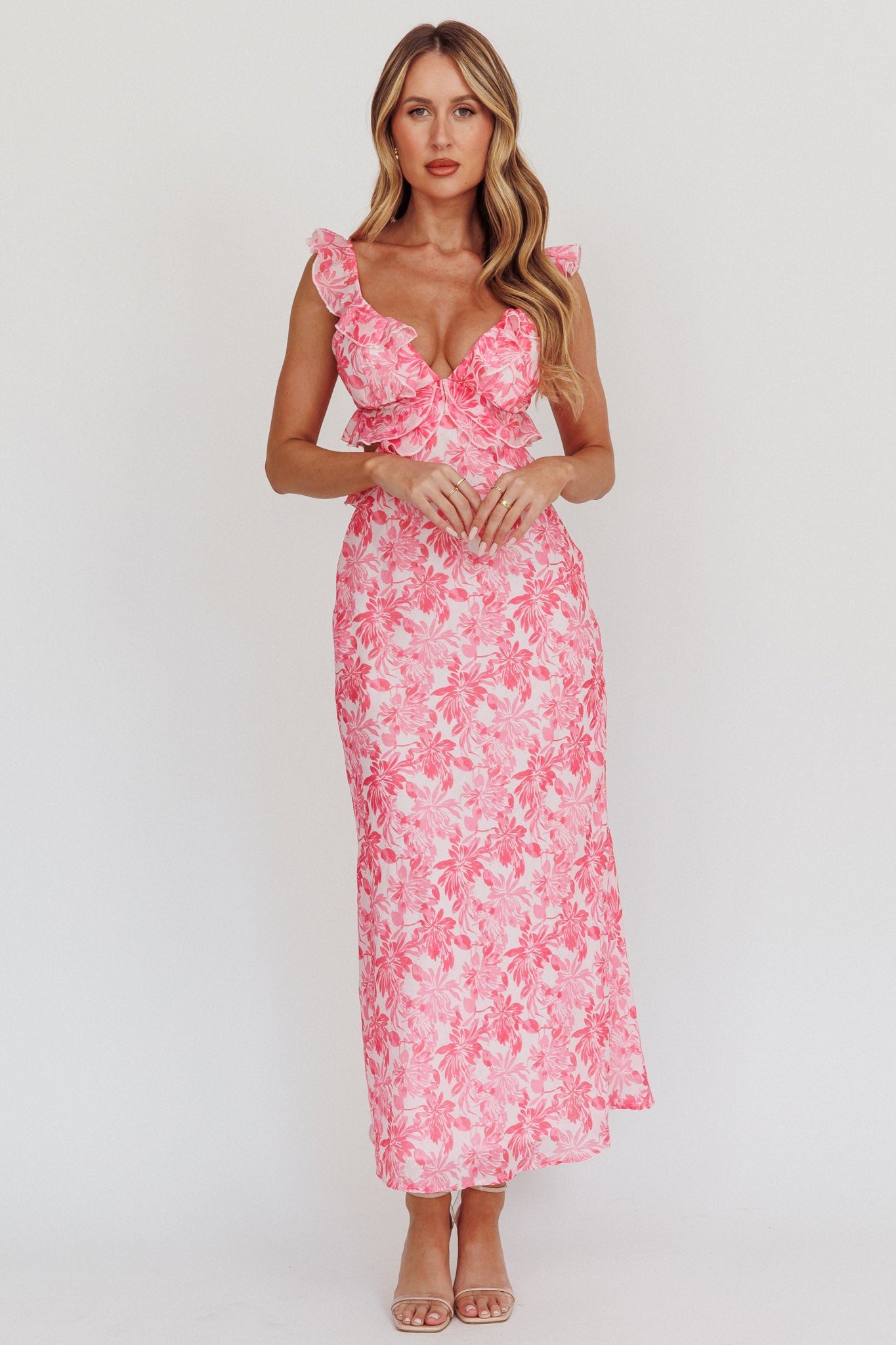 Second Chances Ruffle Trim Maxi Dress Floral Pink– Selfie Leslie