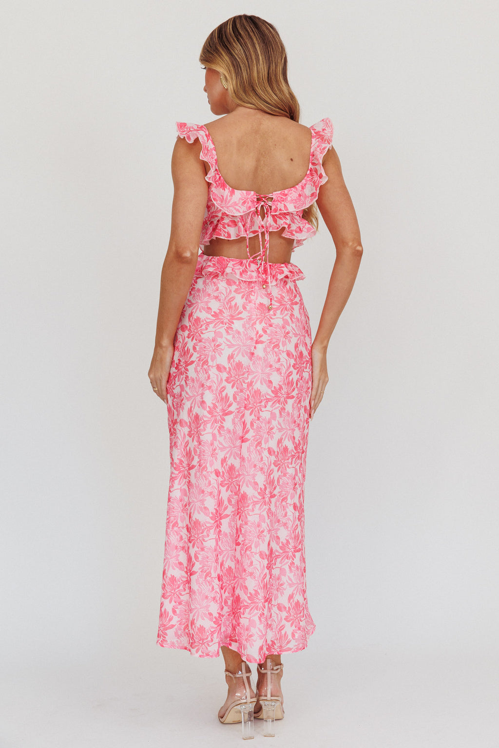 Second Chances Ruffle Trim Maxi Dress Floral Pink by Selfie Leslie