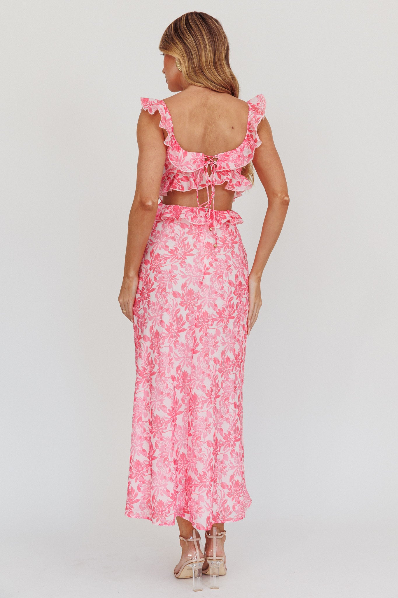 Second Chances Ruffle Trim Maxi Dress Floral Pink by Selfie Leslie