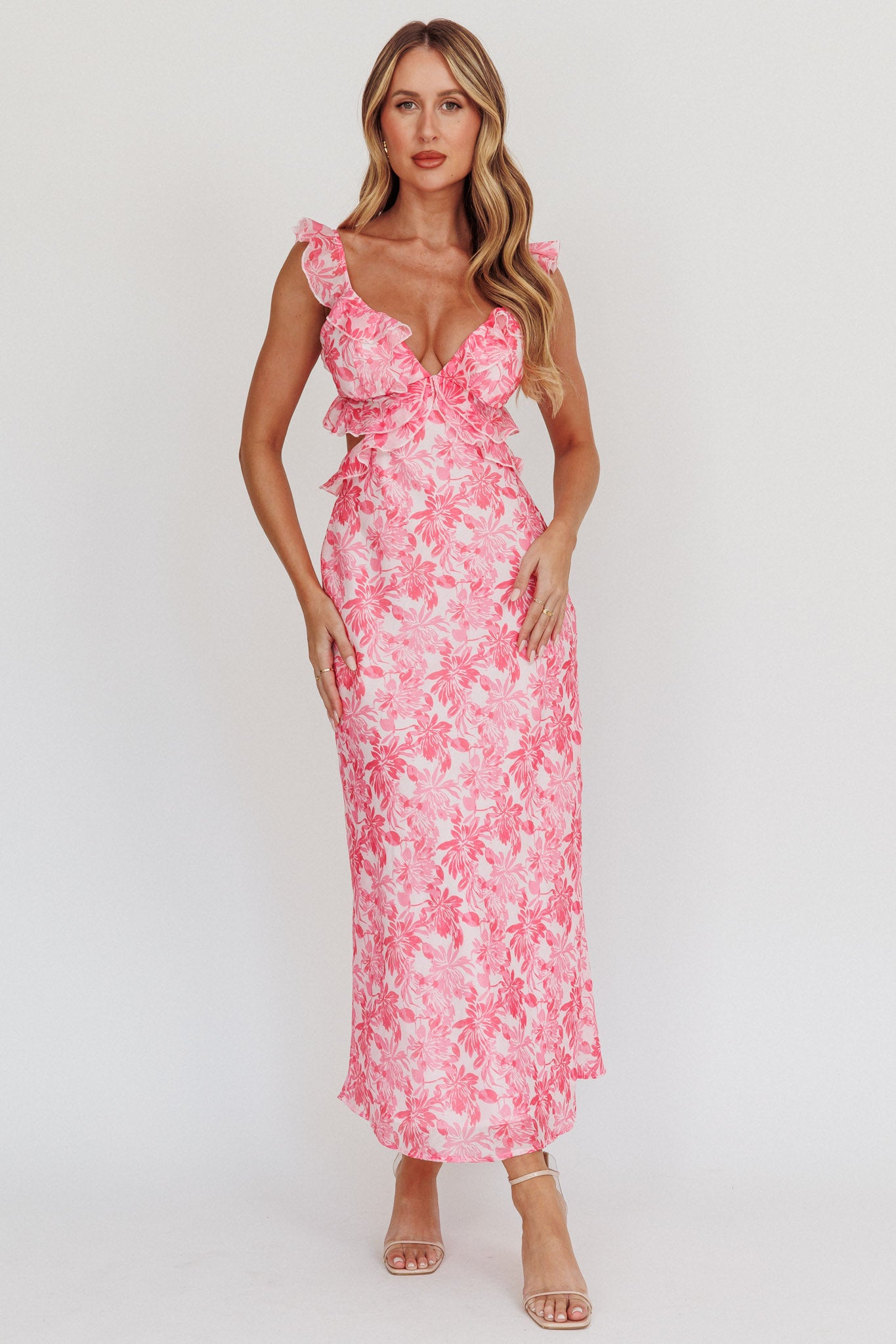 women's pink floral maxi dress Second Chances Ruffle Trim Maxi Dress Floral Pink