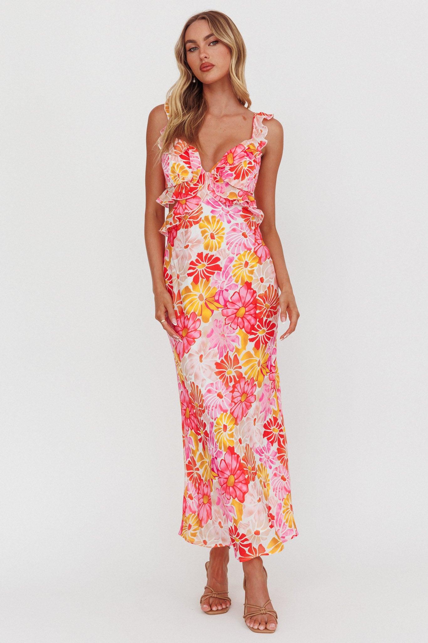 Second Chances Ruffle Trim Maxi Dress Flower Pink by Selfie Leslie
