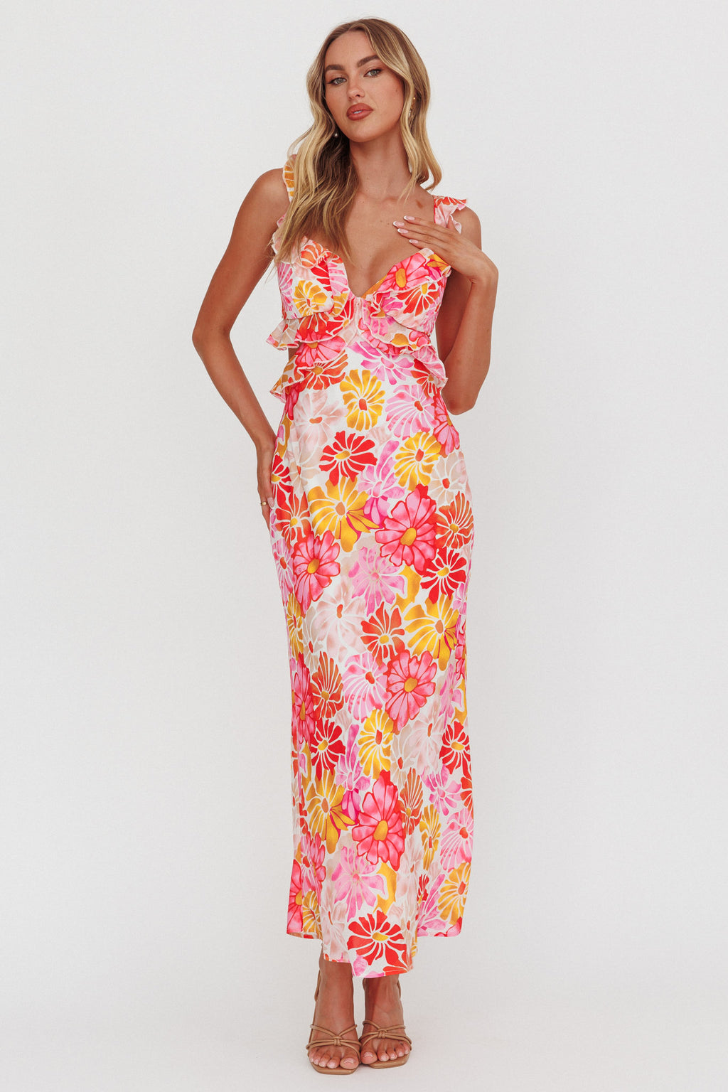 Second Chances Ruffle Trim Maxi Dress Flower Pink by Selfie Leslie