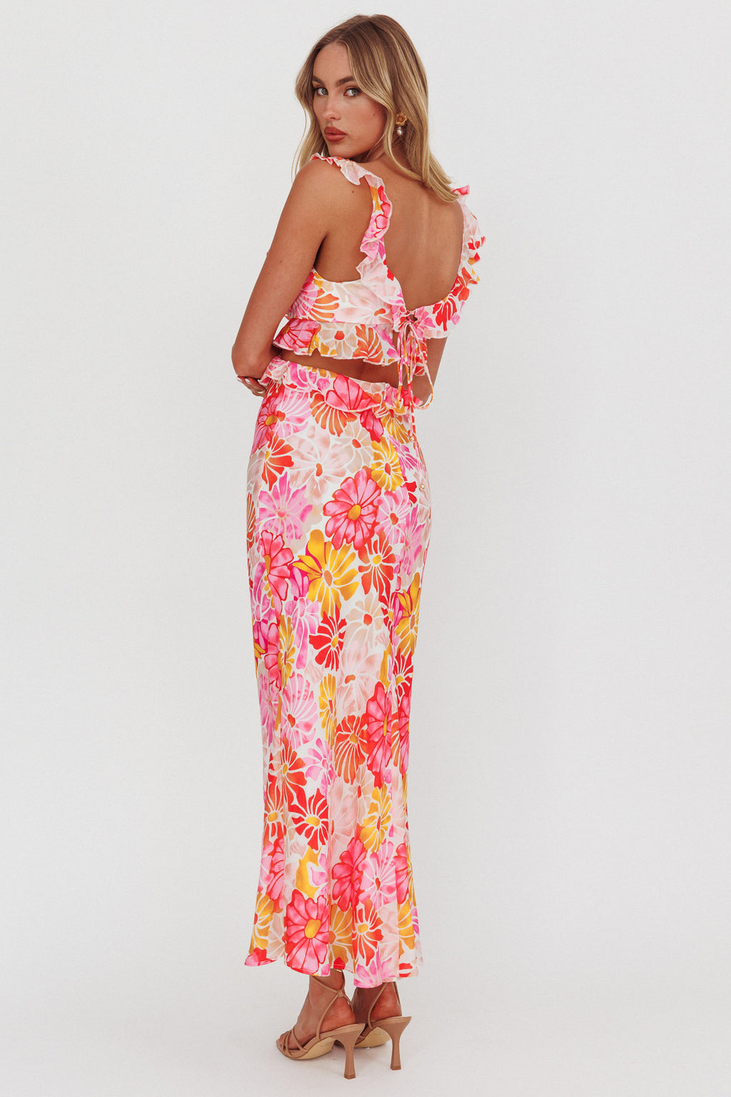 Second Chances Ruffle Trim Maxi Dress Flower Pink by Selfie Leslie