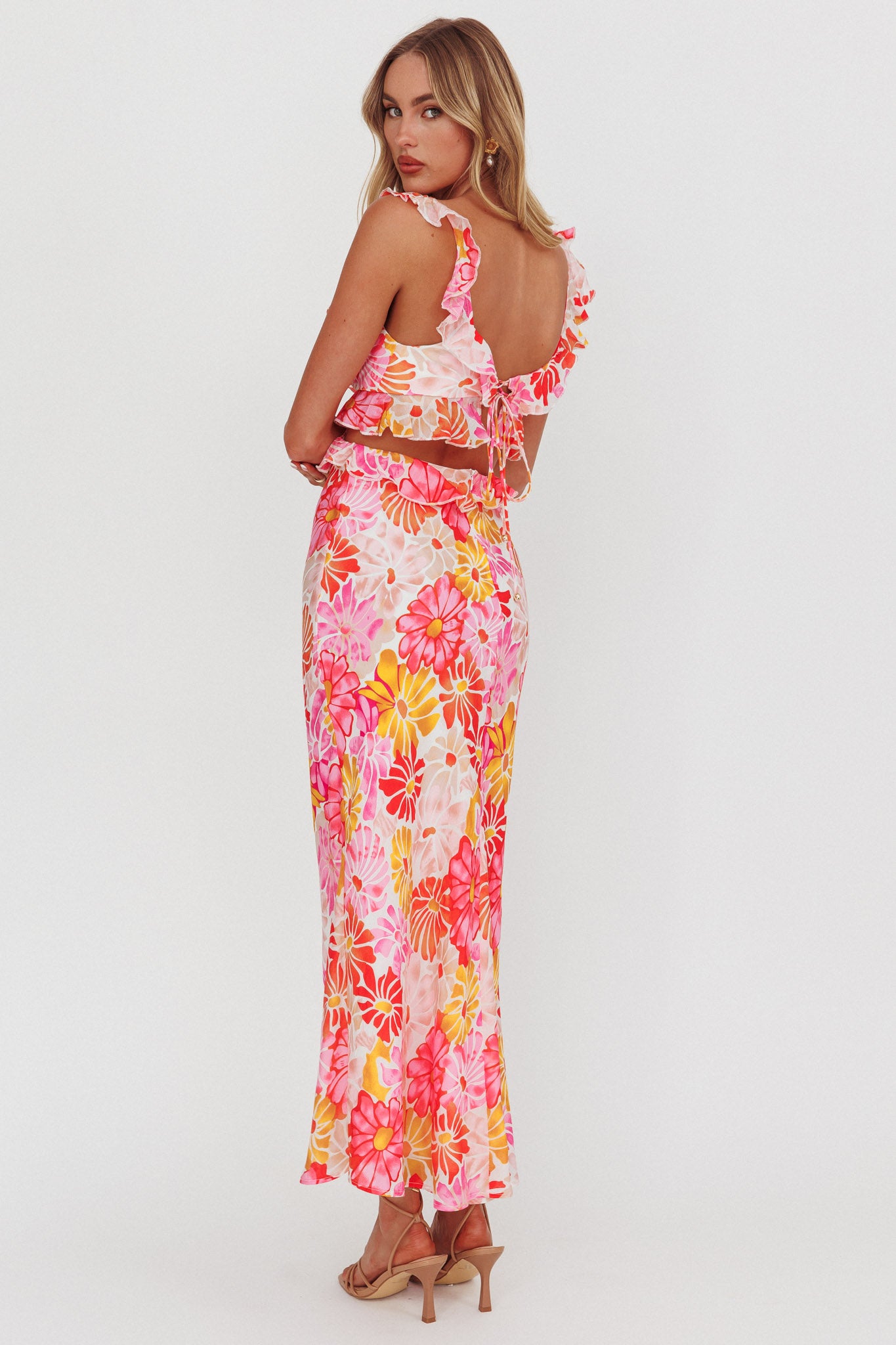 Second Chances Ruffle Trim Maxi Dress Flower Pink by Selfie Leslie