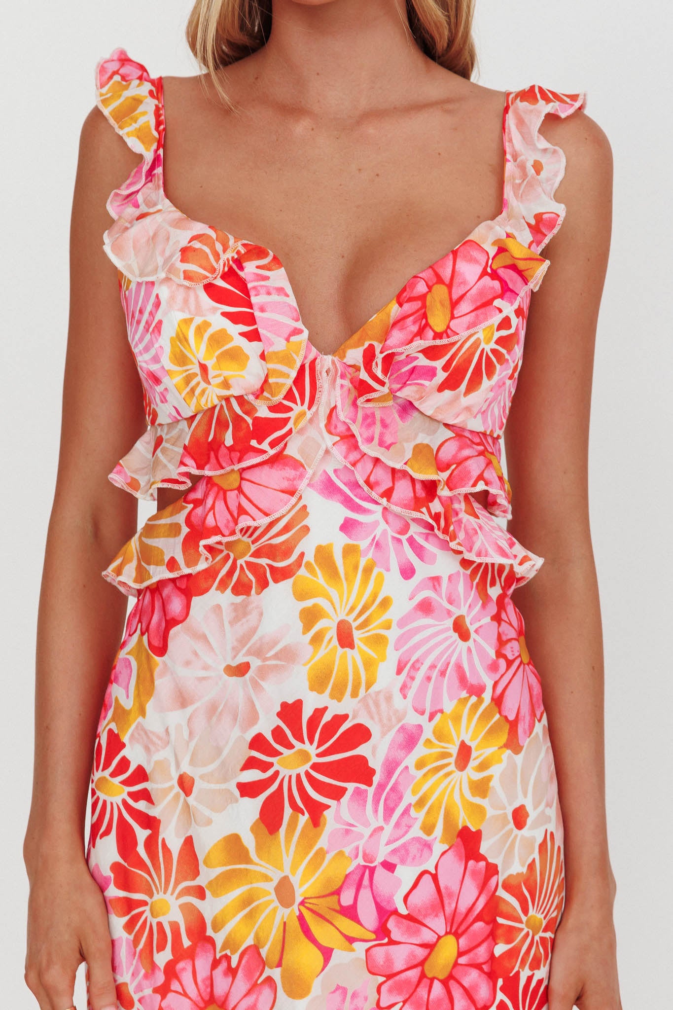 Second Chances Ruffle Trim Maxi Dress Flower Pink by Selfie Leslie