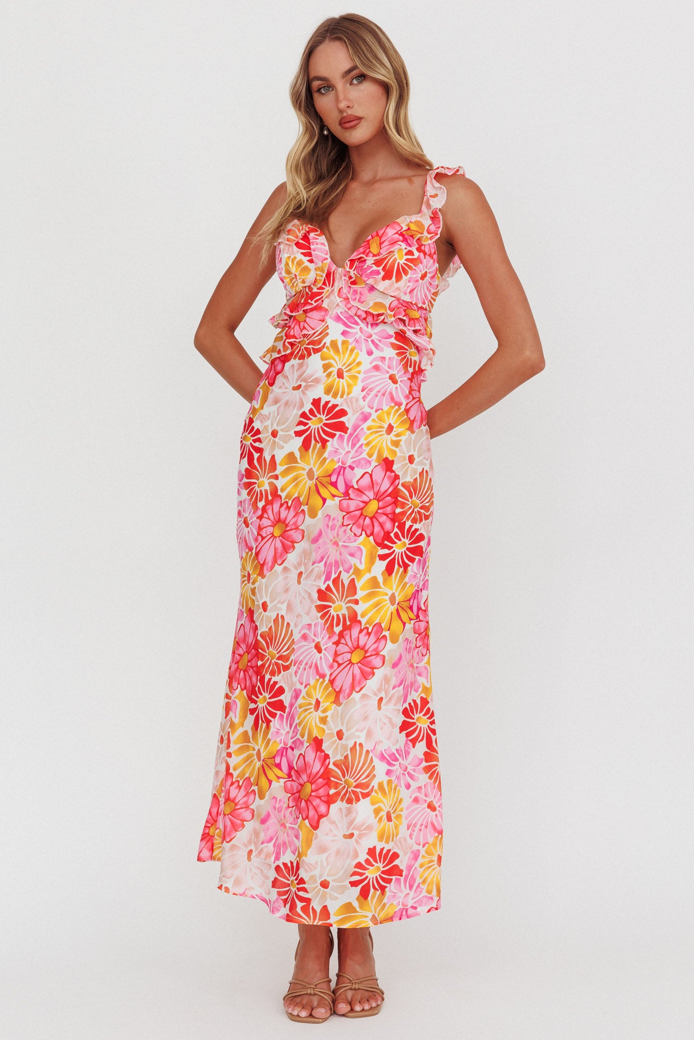 Second Chances Ruffle Trim Maxi Dress Flower Pink by Selfie Leslie