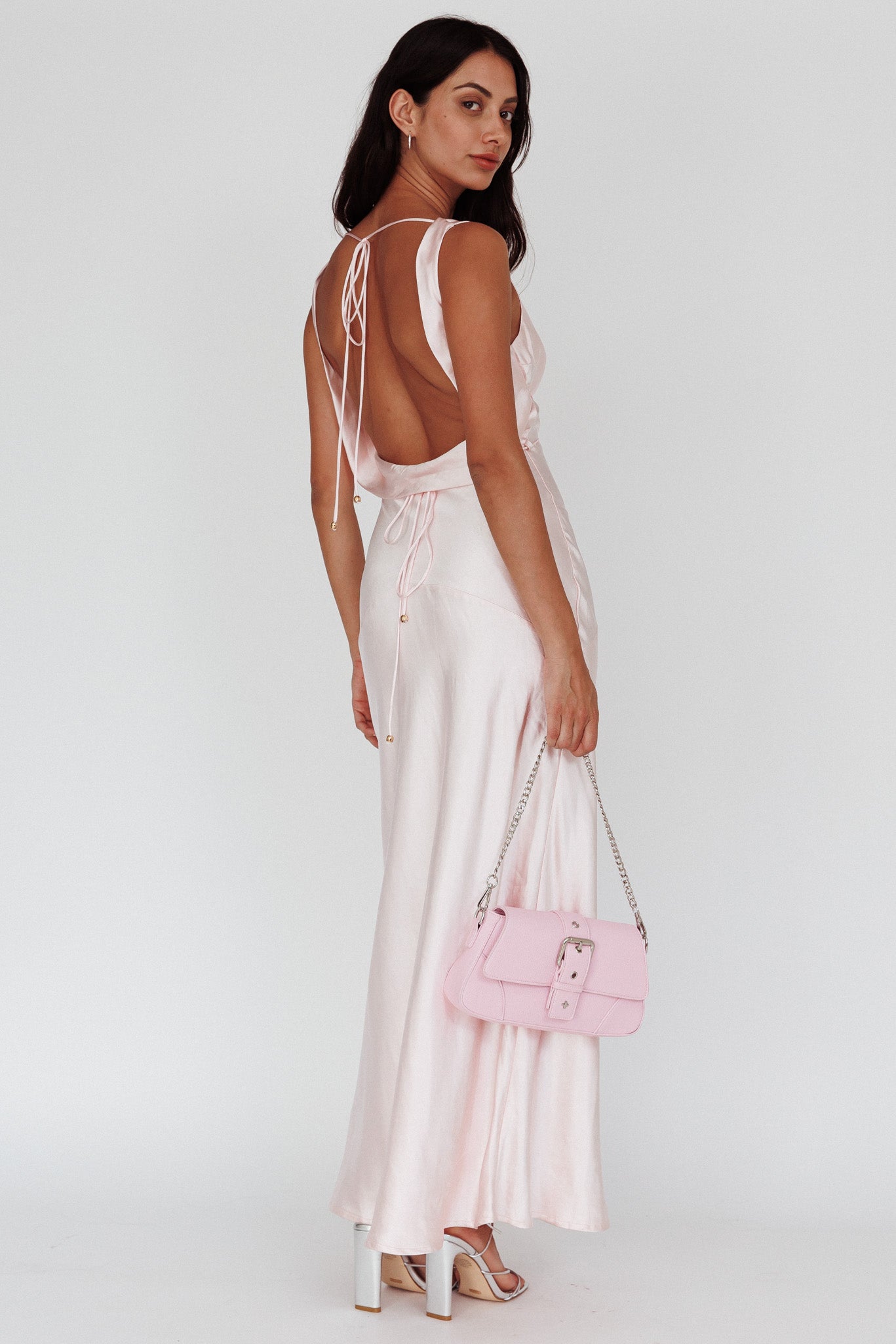 Cassiopeia Open Back String Tie Maxi Dress Powder Pink Cassiopeia Open Back String Tie Maxi Dress Powder Pink