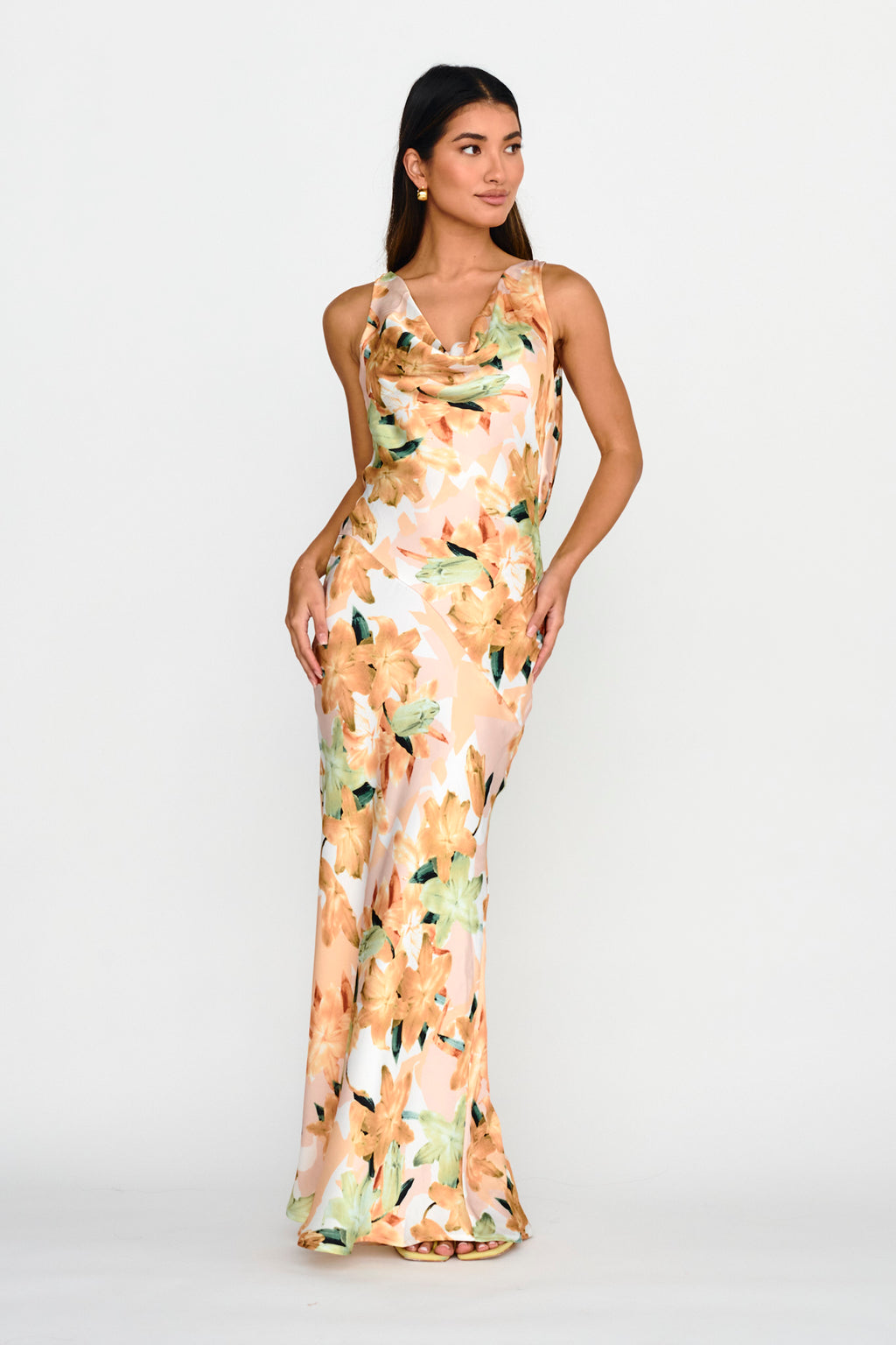 Cassiopeia Open Back Maxi Dress Lily Print Yellow by Selfie Leslie