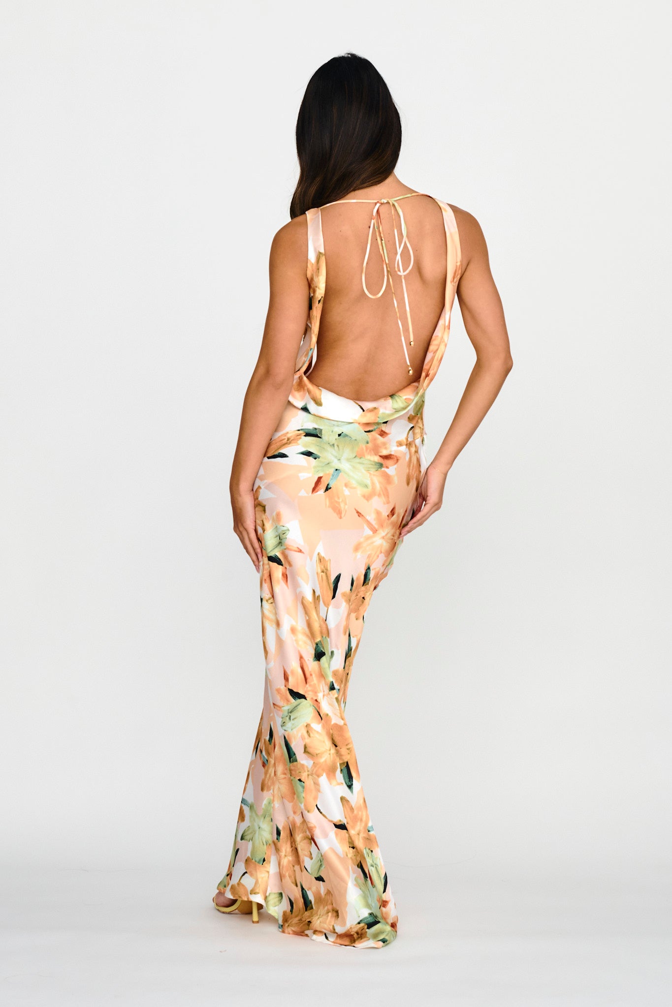 Cassiopeia Open Back Maxi Dress Lily Print Yellow by Selfie Leslie