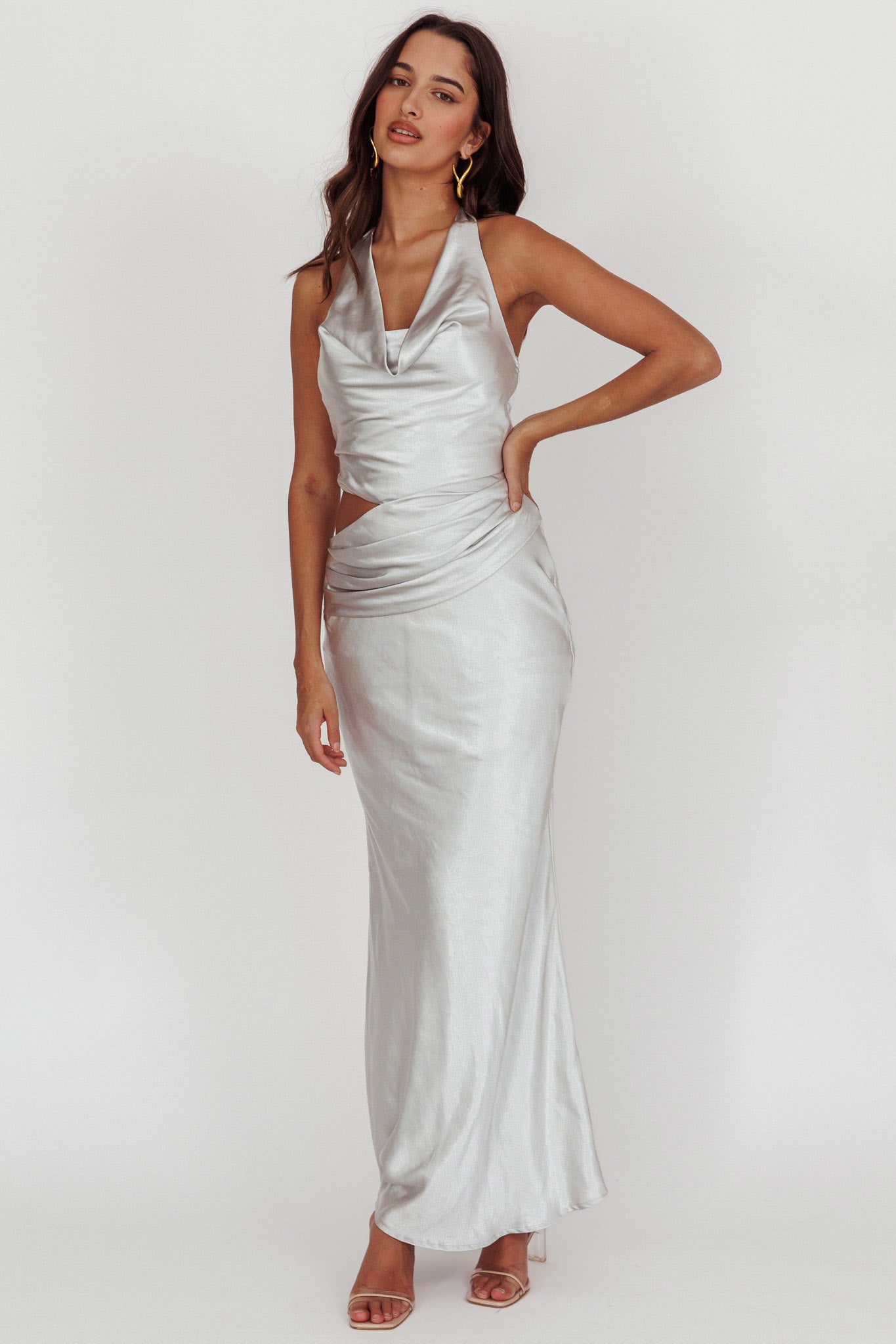 Cassiopeia Cowl Halter Neck Cut Out Maxi Dress Opal by Selfie Leslie